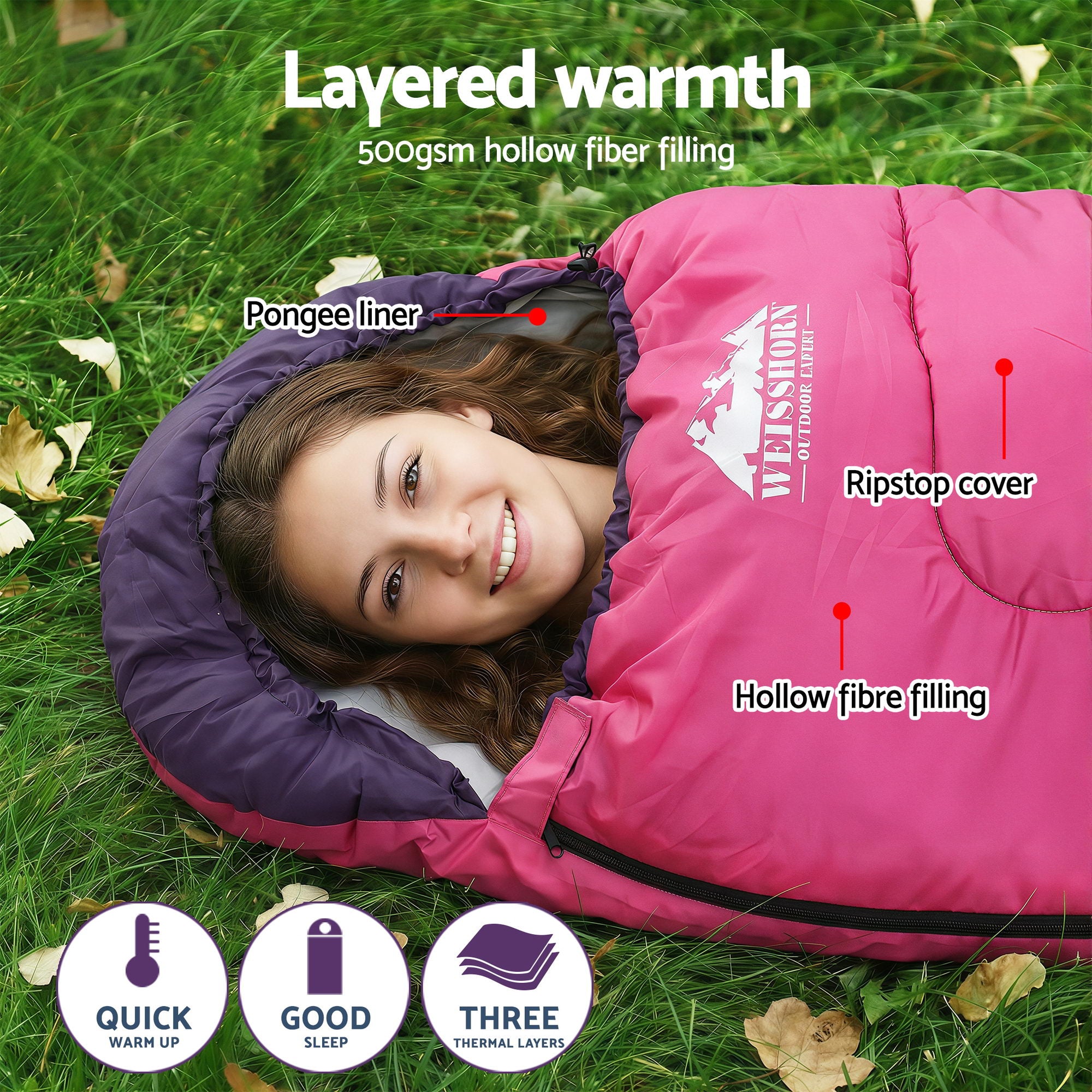 Weisshorn Sleeping Bag Single 213cm Thermal Camping Hiking Pink - Free Delivery