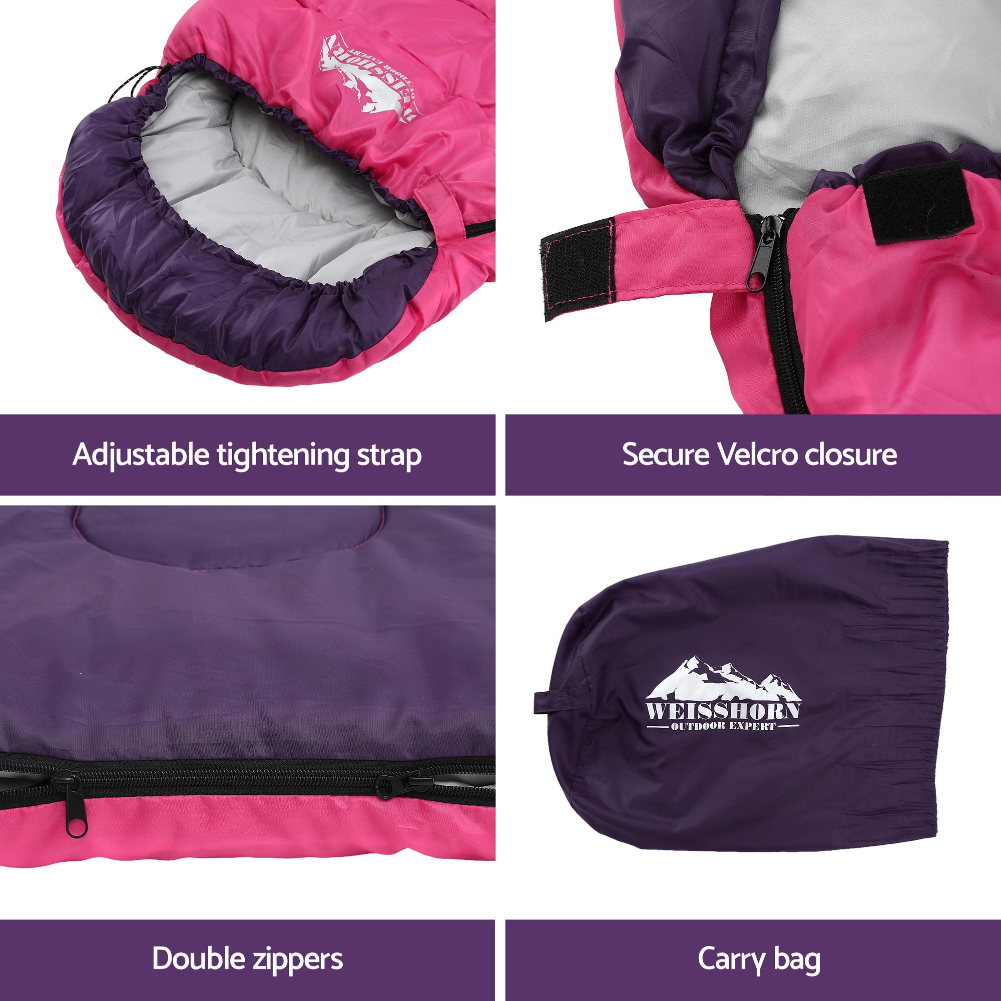 Weisshorn Sleeping Bag Single 213cm Thermal Camping Hiking Pink - Free Delivery