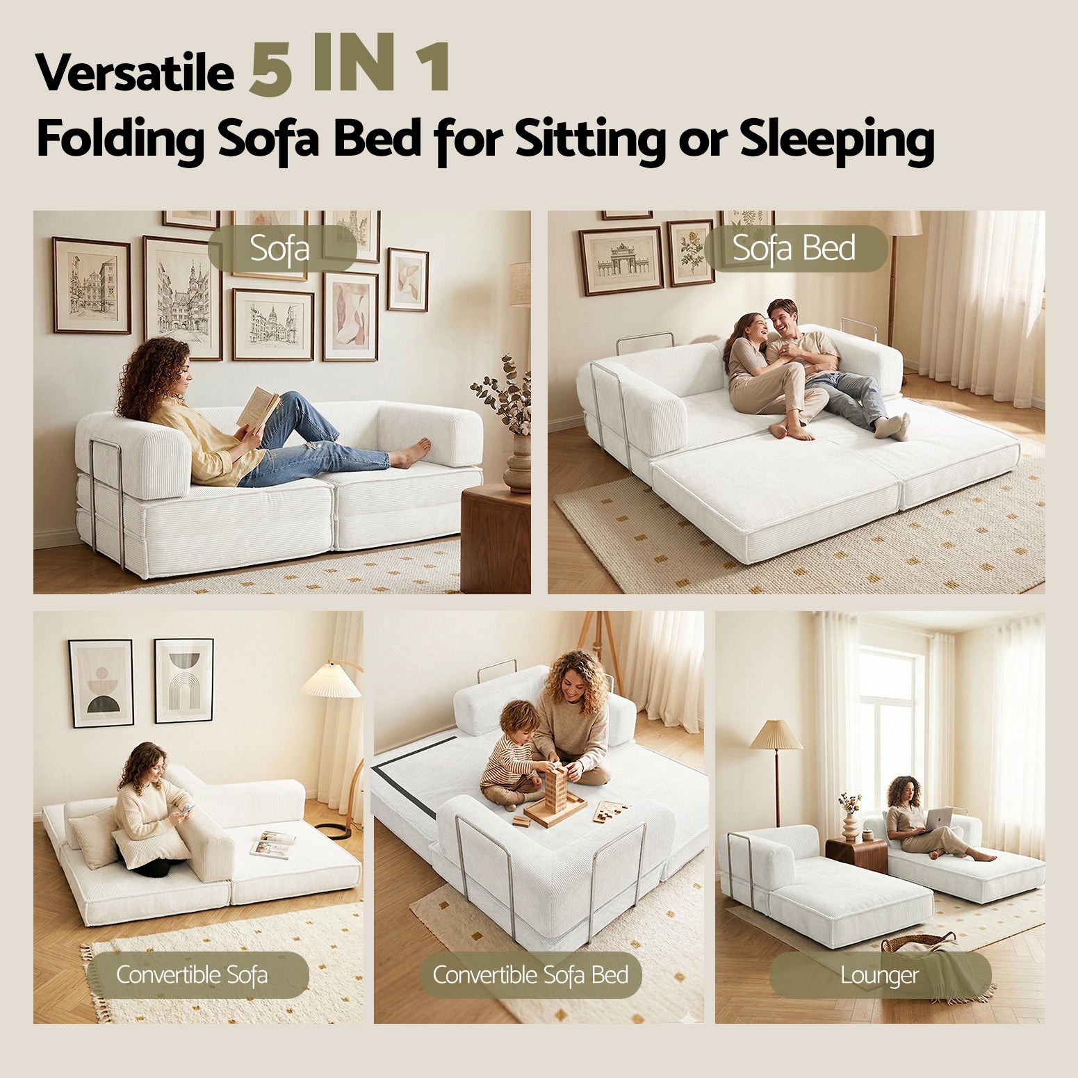 Artiss Convertible Folding Sofa Bed Beign
