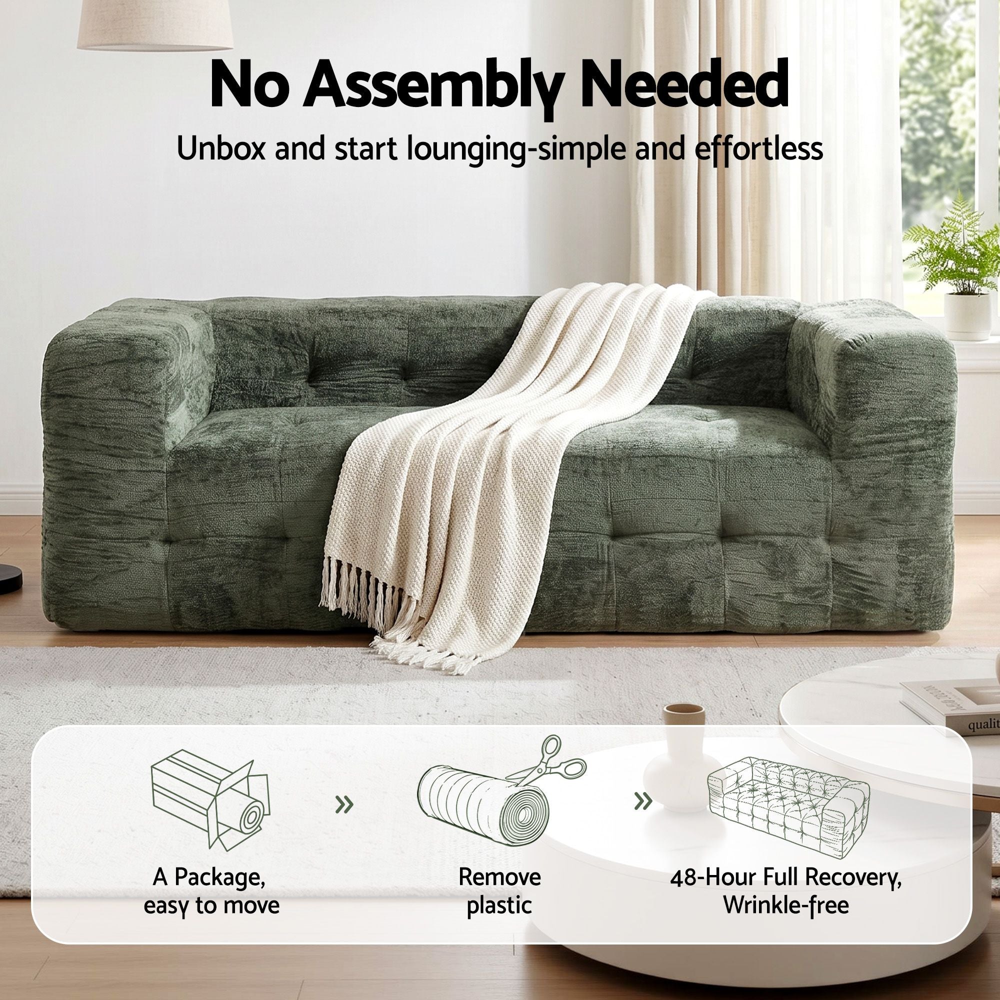 Artiss Comfort Boneless Sofa for Living Room Green Luxury Chenille
