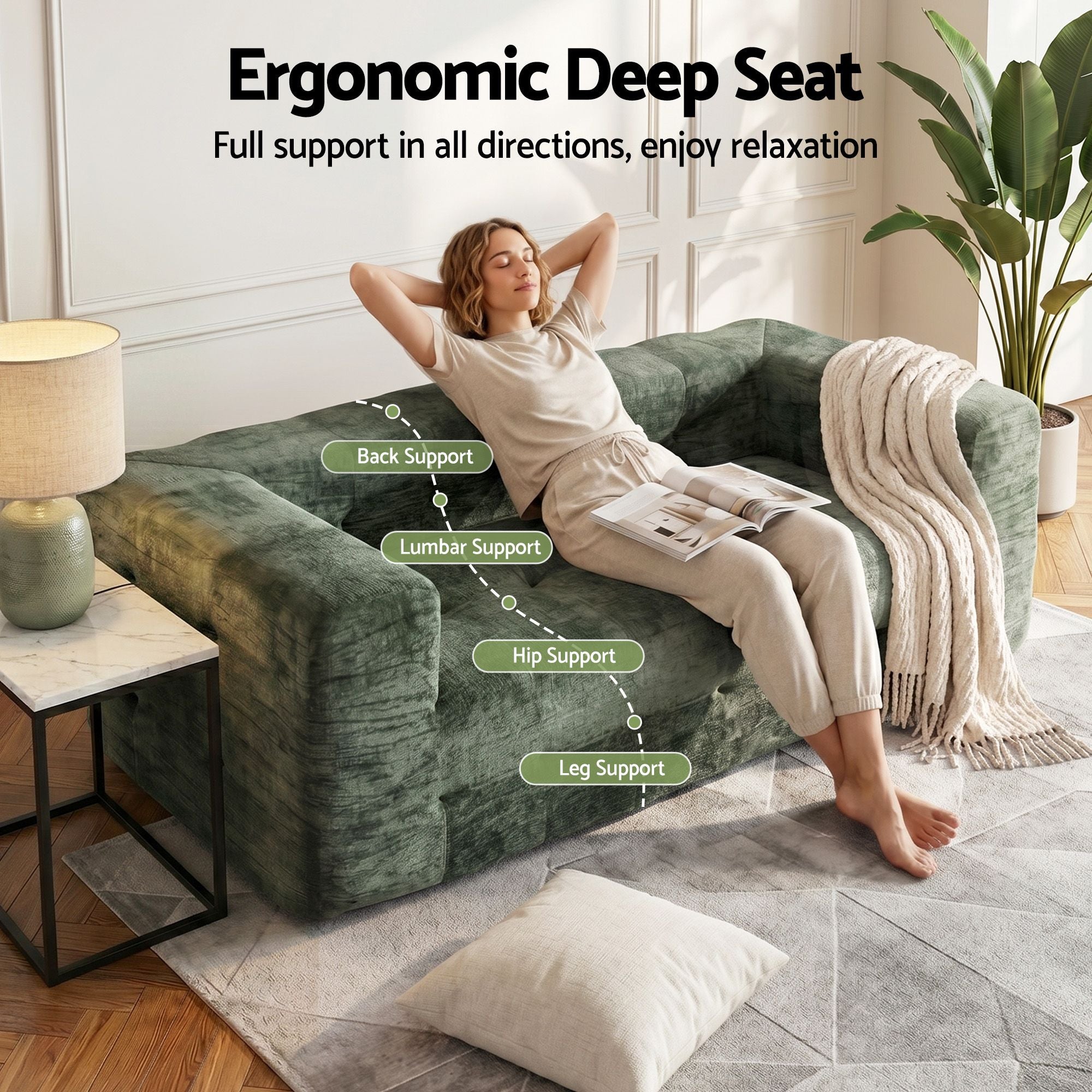 Artiss Comfort Boneless Sofa for Living Room Green Luxury Chenille