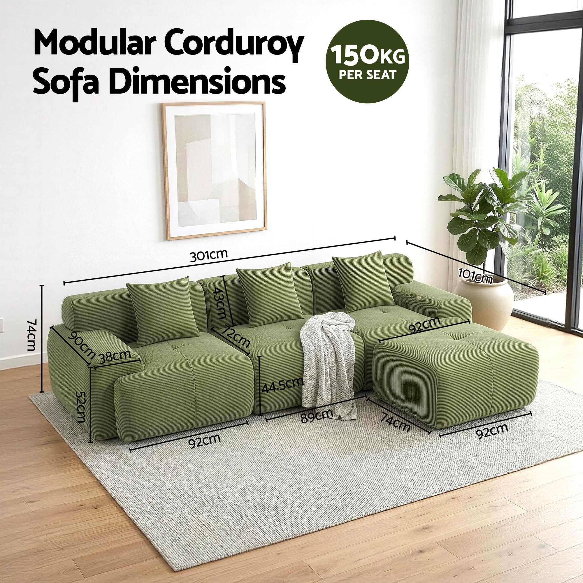 Artiss 300cm Modular Sofa Bed Comfort L-Shaped Sectional Boneless Couch Green