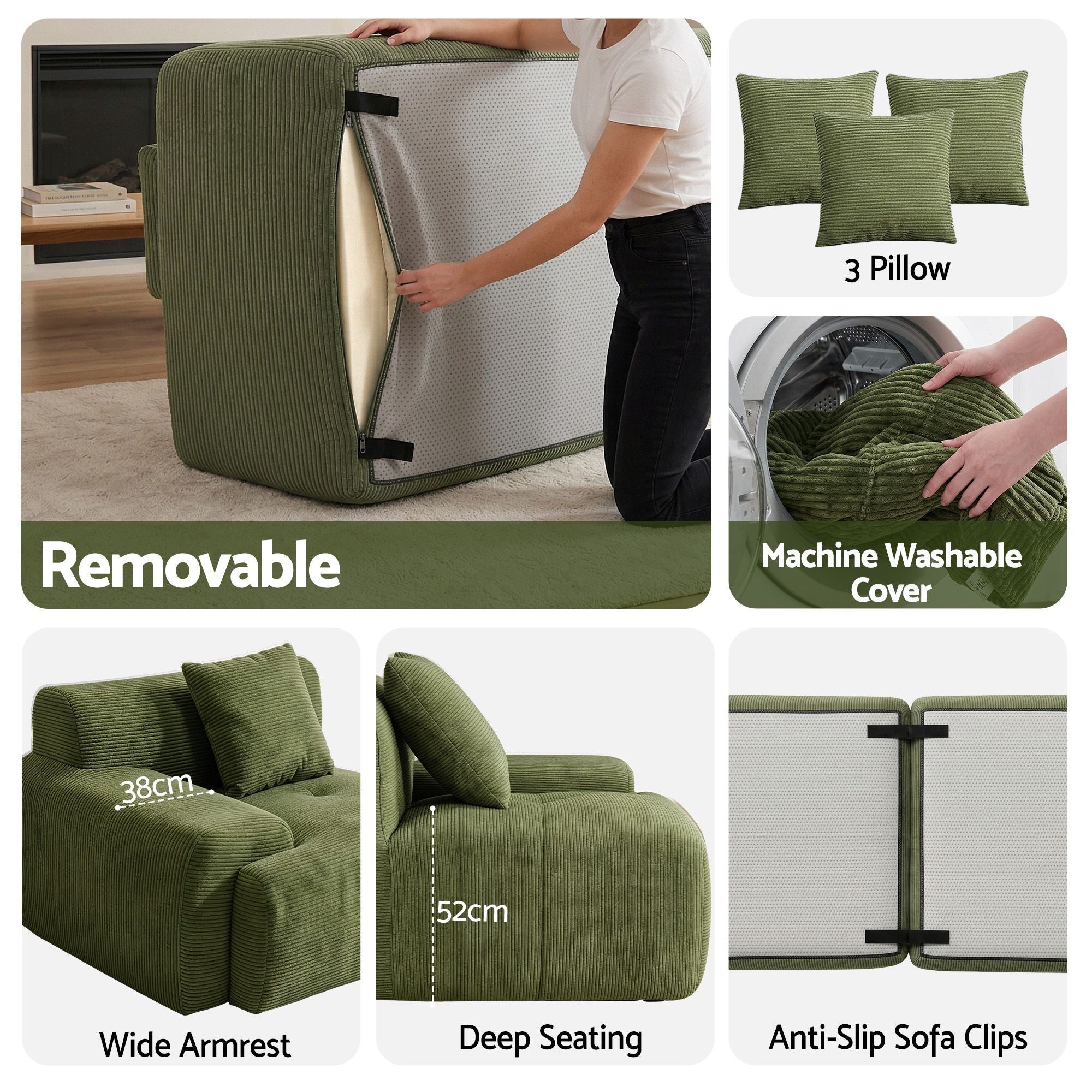 Artiss 300cm Modular Sofa Bed Comfort L-Shaped Sectional Boneless Couch Green
