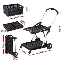 Artiss Shopping Trolley with Wheels 2 Layer w/2 Crates Foldable Trolley Black