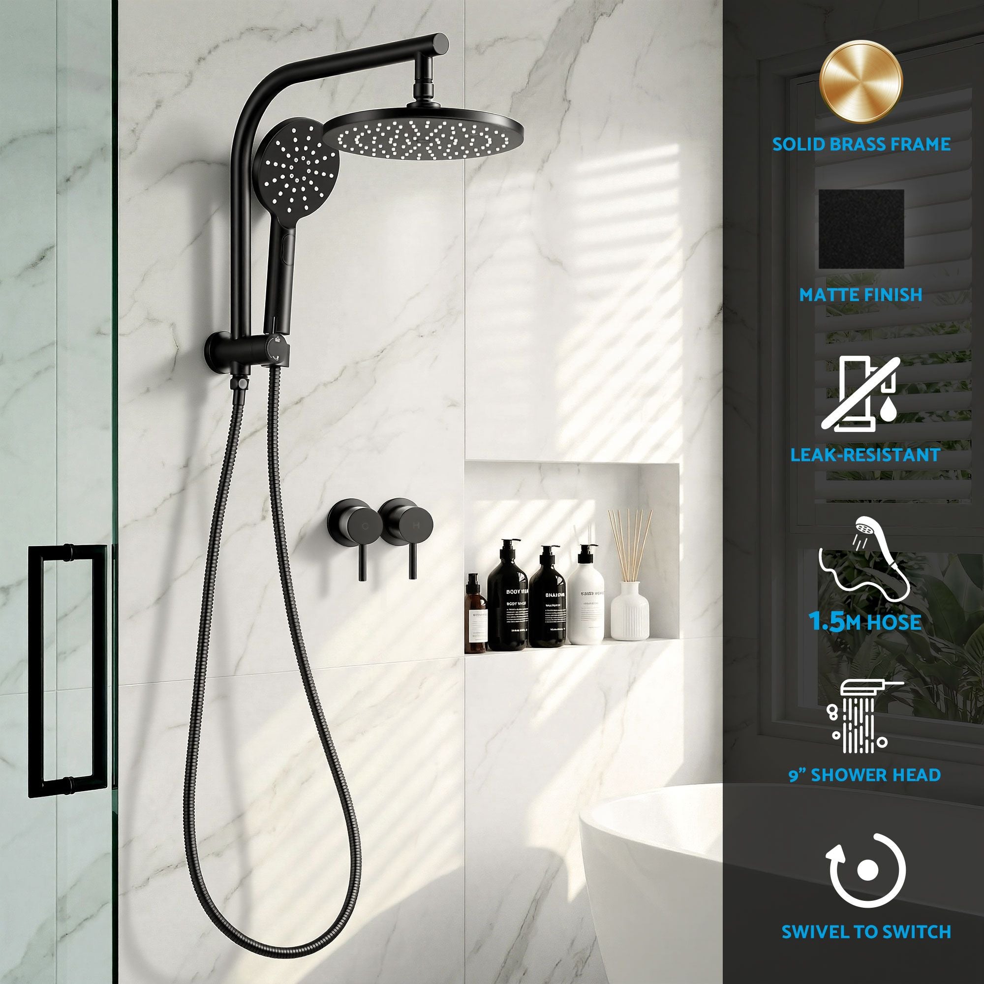 Cefito 9'' Rain Shower Head Set Handheld Round High Pressure Twins Tap Chrome