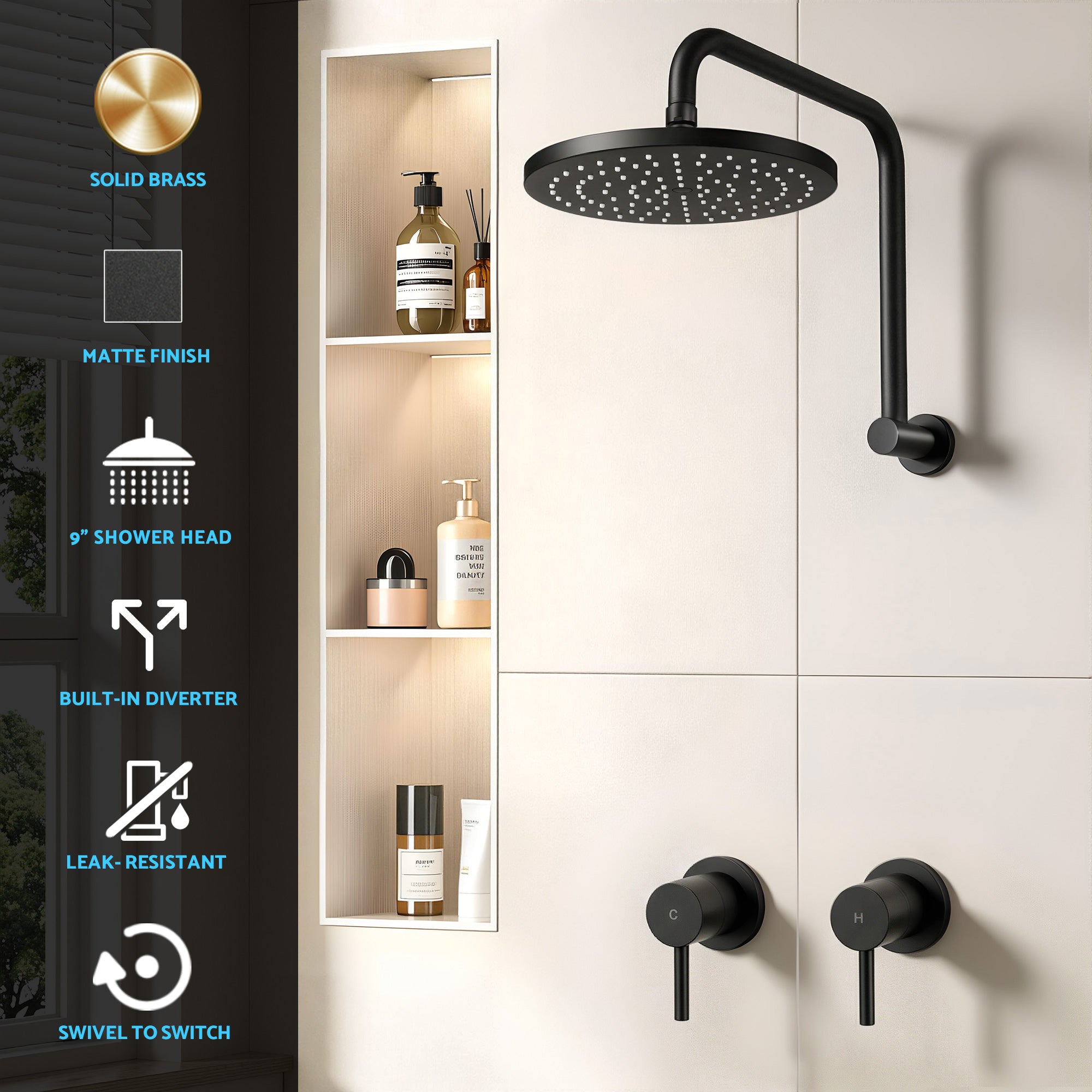 Cefito 9'' Rain Overhead Swivel Shower Head with Wall Twin Swivel Bathroom Tap