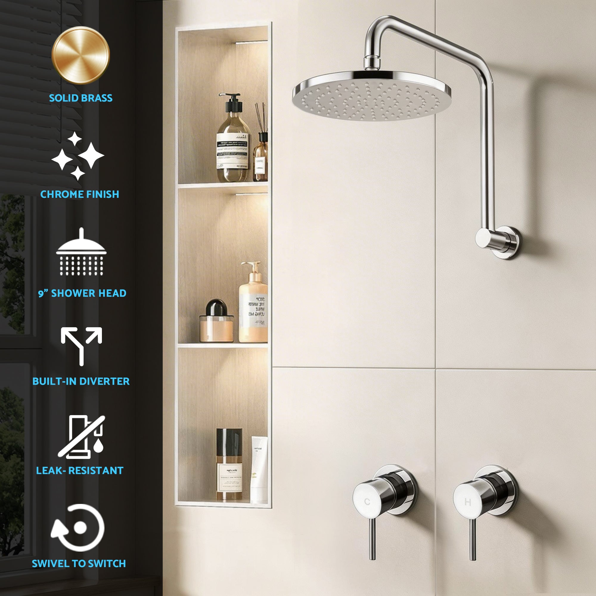 Cefito 9'' Rain Overhead Swivel Shower Head with Wall Twin Swivel Bathroom Tap