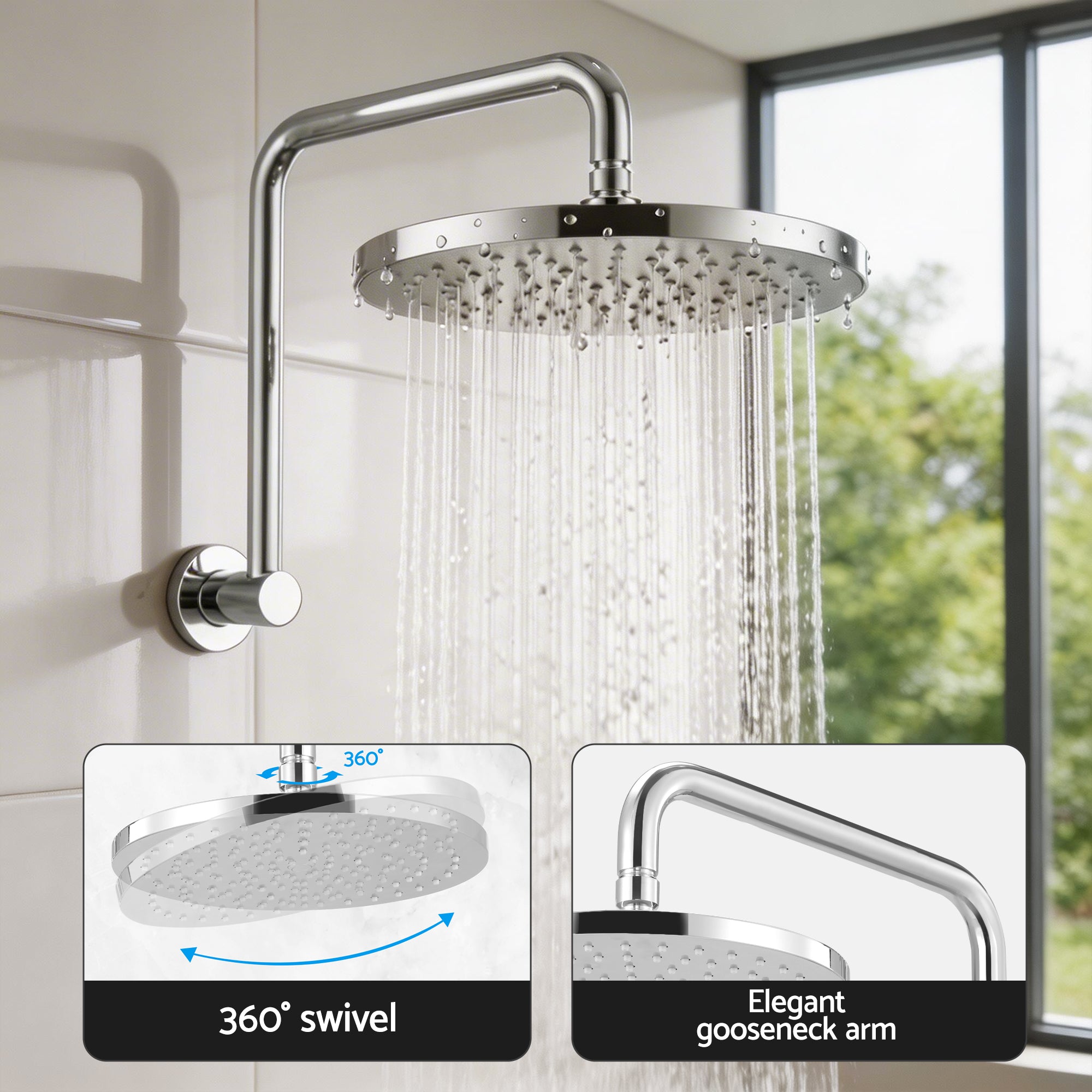 Cefito 9'' Rain Overhead Swivel Shower Head with Wall Twin Swivel Bathroom Tap
