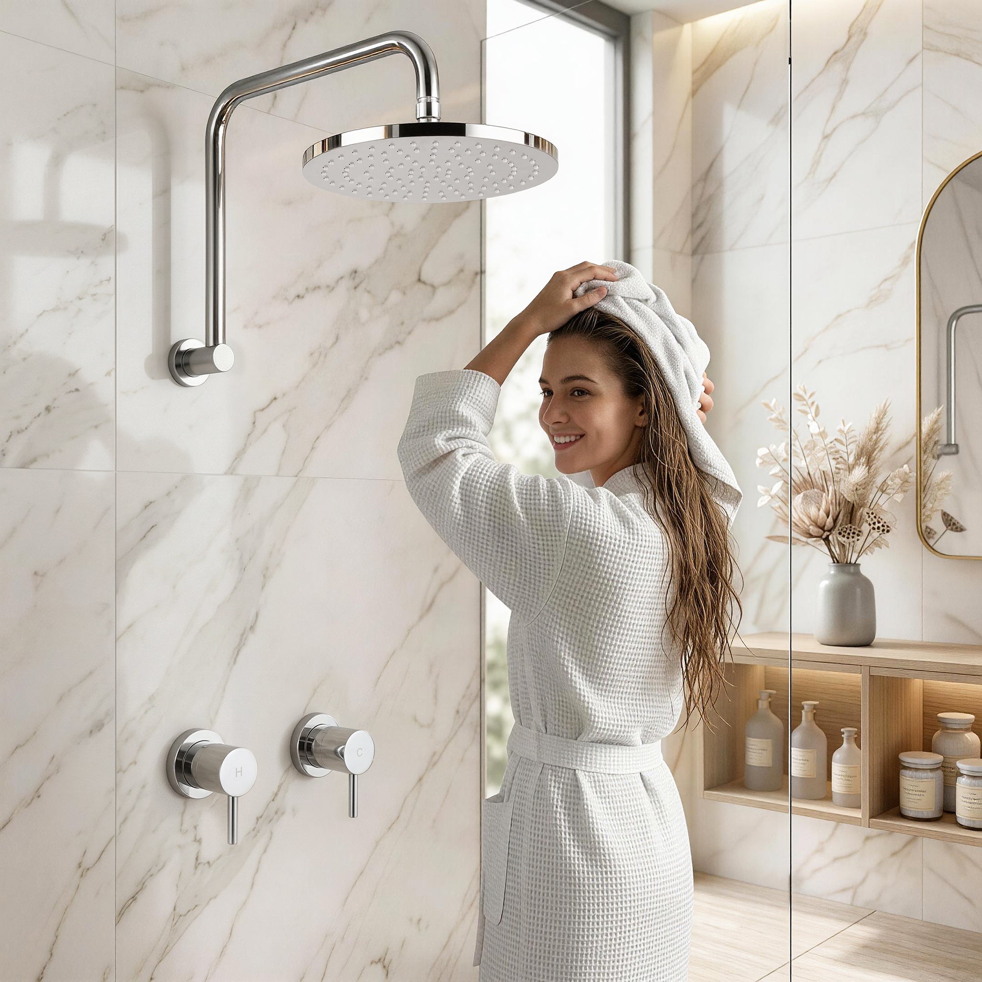 Cefito 9'' Rain Overhead Swivel Shower Head with Wall Twin Swivel Bathroom Tap