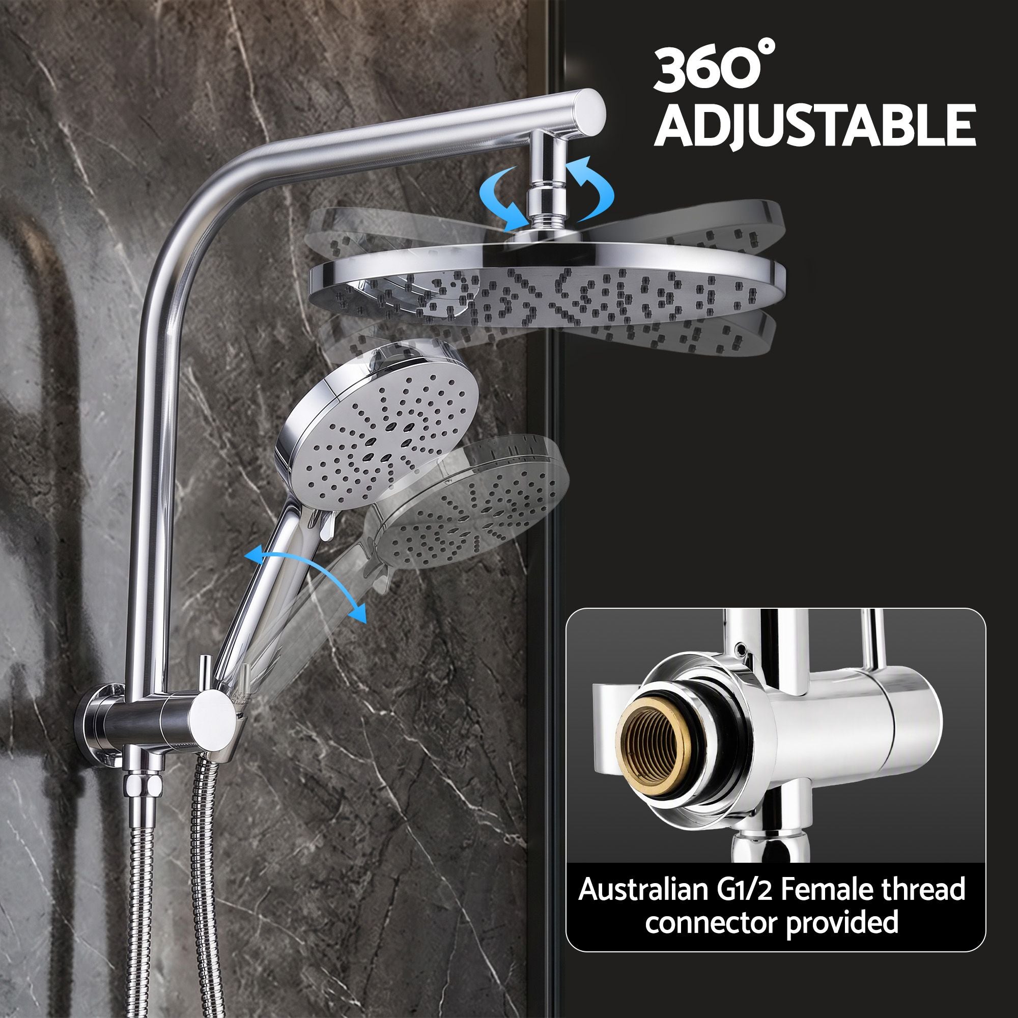 Cefito High-Pressure Shower Heads with Anti-burst 1.5m Hose & 304 S.S Rail