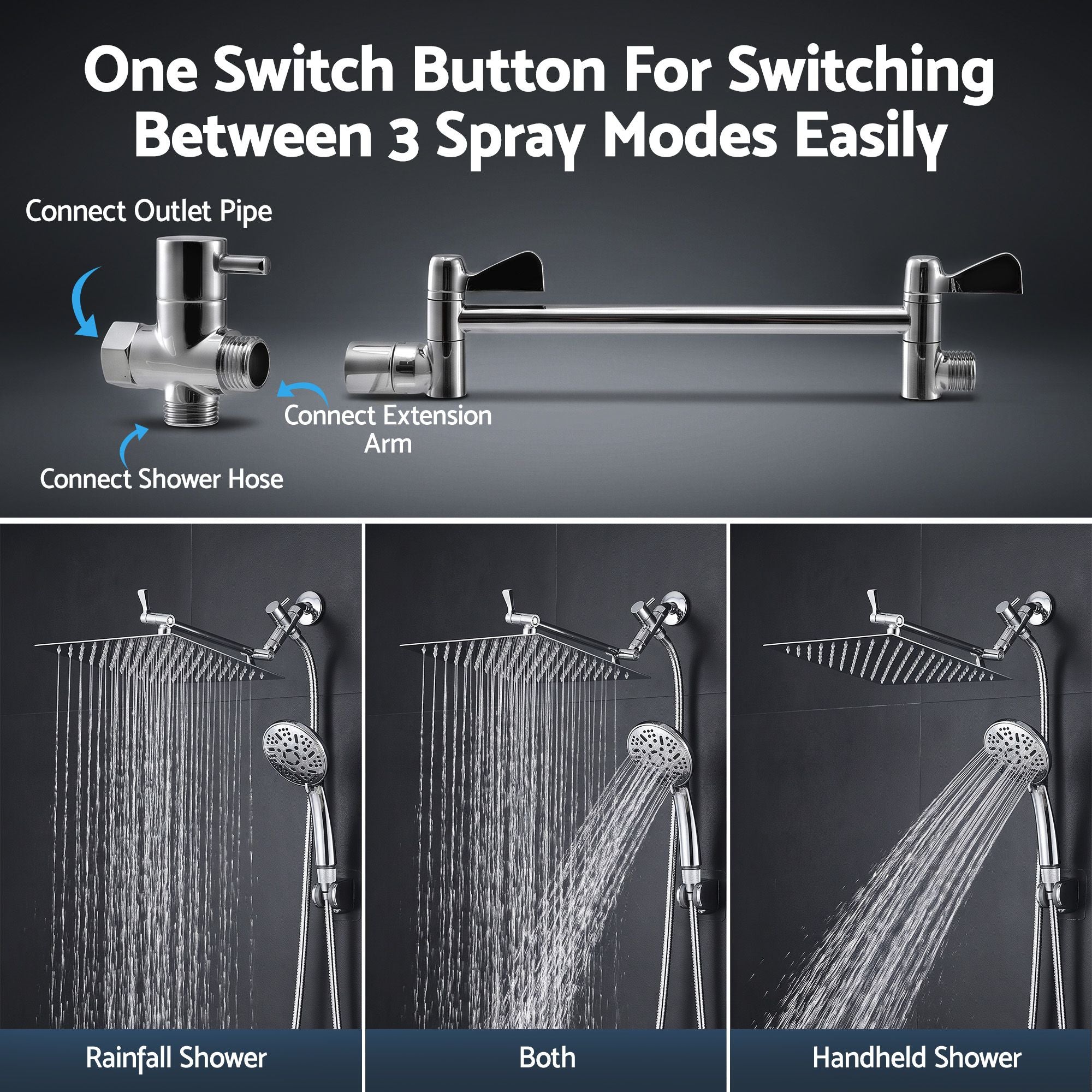 Cefito High-Pressure Rain Shower Head with Handheld, Gear-Lock Anti-Sag Arm for