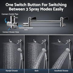 Cefito High-Pressure Rain Shower Head with Handheld, Gear-Lock Anti-Sag Arm for