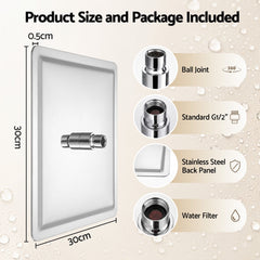Cefito 12" Extra Large Rain Shower Head, Air-in Tech for Low Water Pressure, Anti-Clog Silicone Jets for Hard Water Scale, 360° Swivel, DIY Renters Install, 304 Stainless Steel