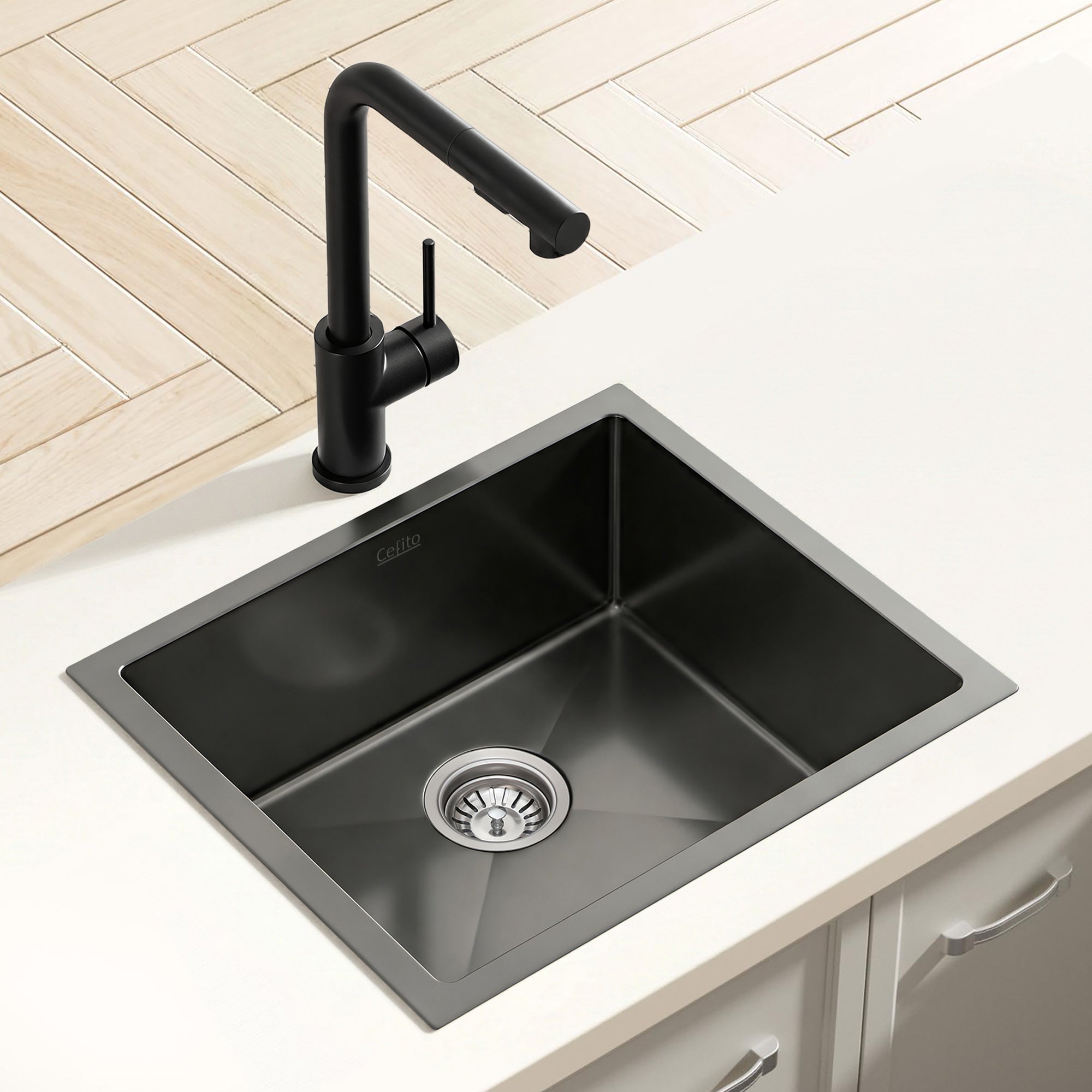Cefito Stainless Steel Sink 44x44CM With Pull Out Mixer Tap Kitchen Basin Single