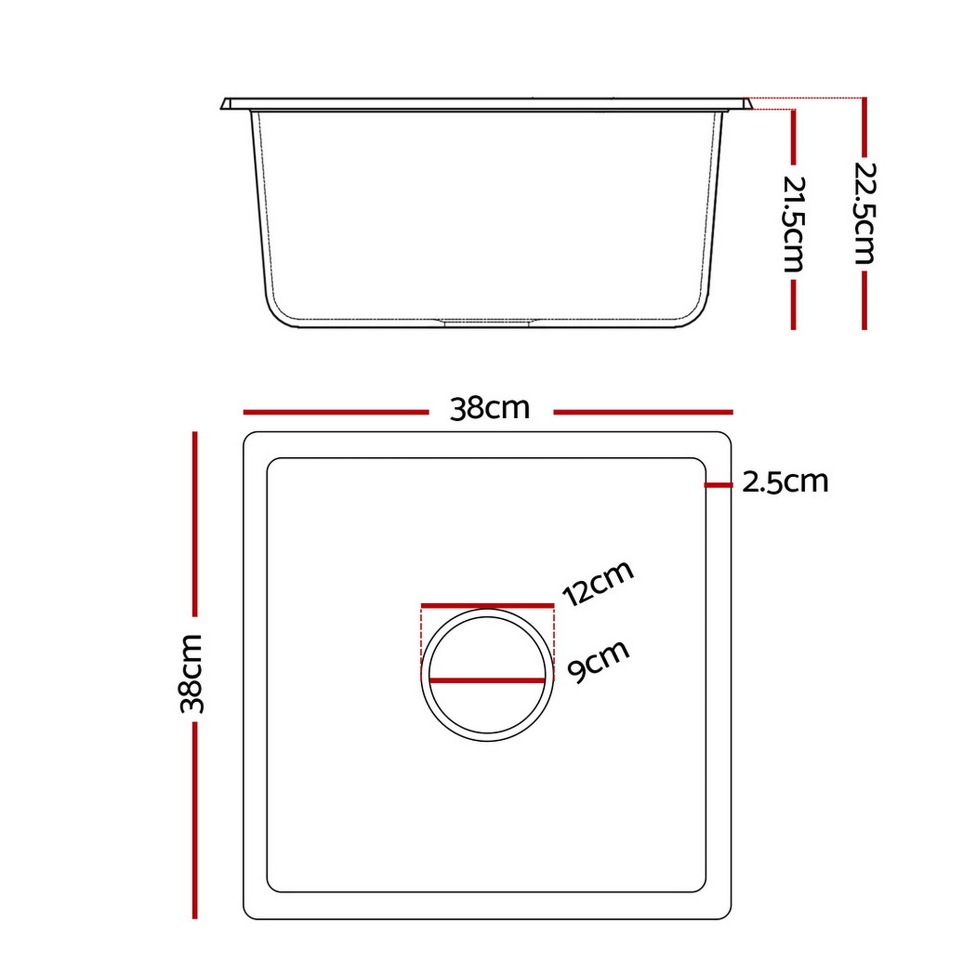 Cefito Kitchen Sink 38x38cm Granite Stone Sink Single Bowl Black