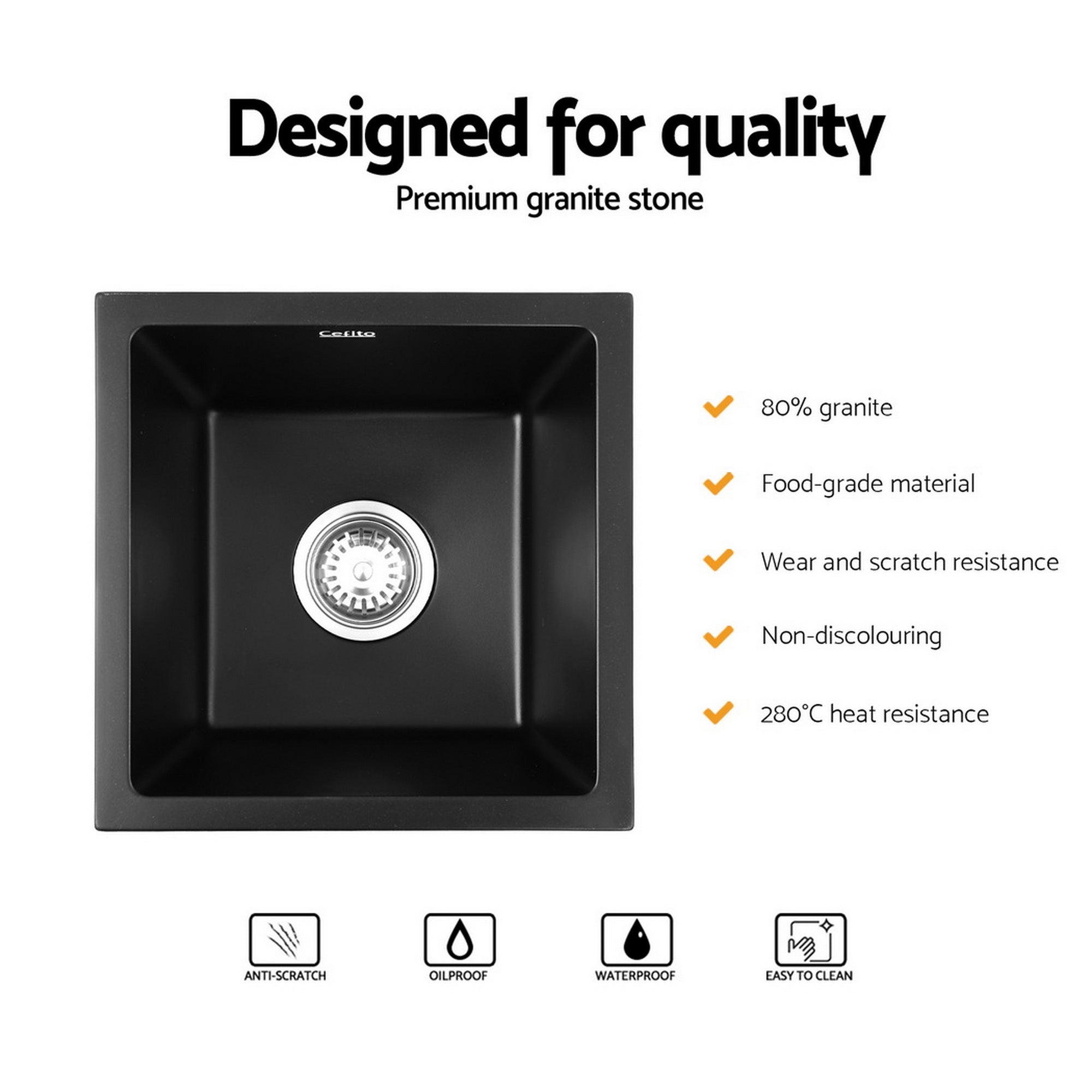 Cefito Kitchen Sink 38x38cm Granite Stone Sink Single Bowl Black