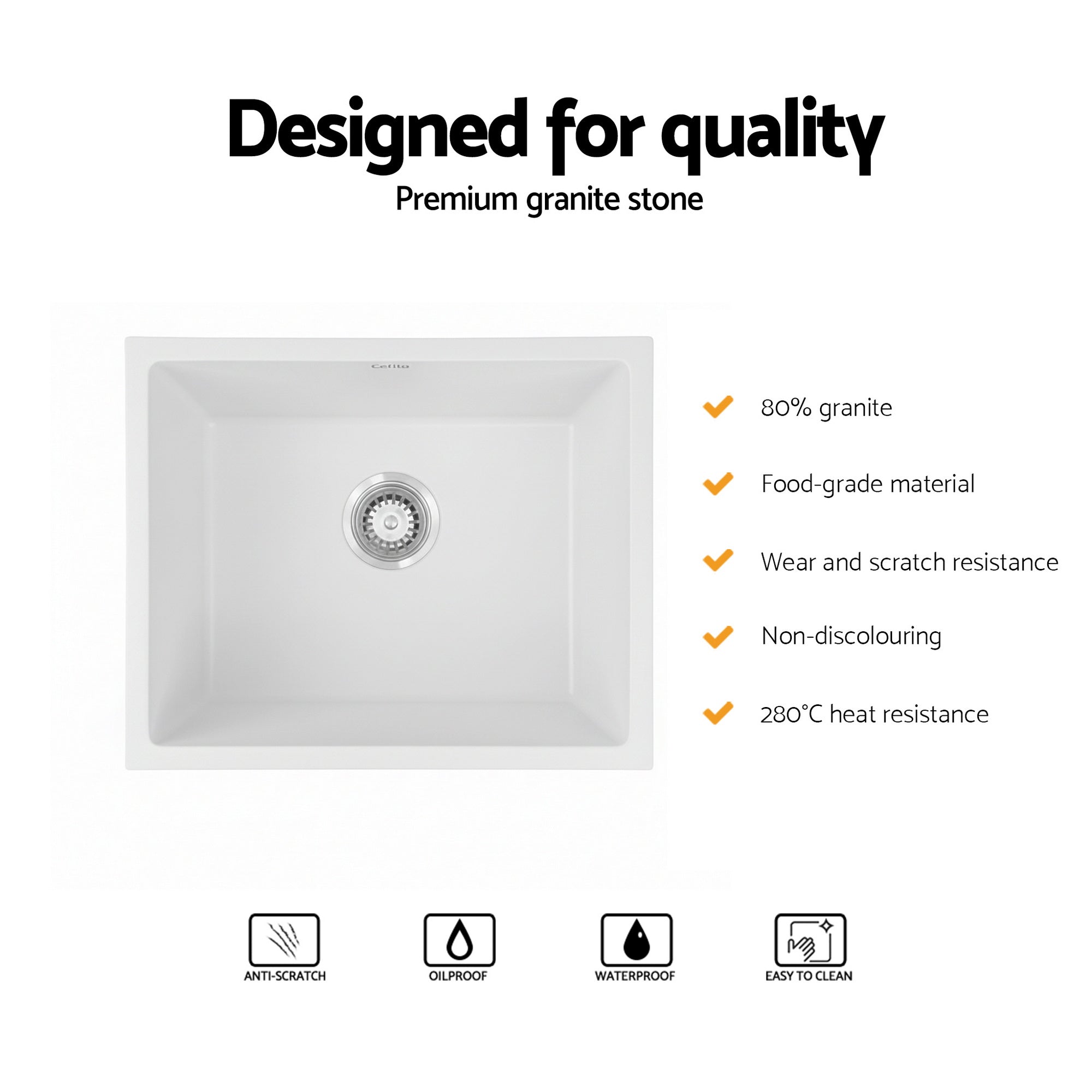 Cefito Kitchen Sink 55x45cm Granite Stone Sink Single Bowl White