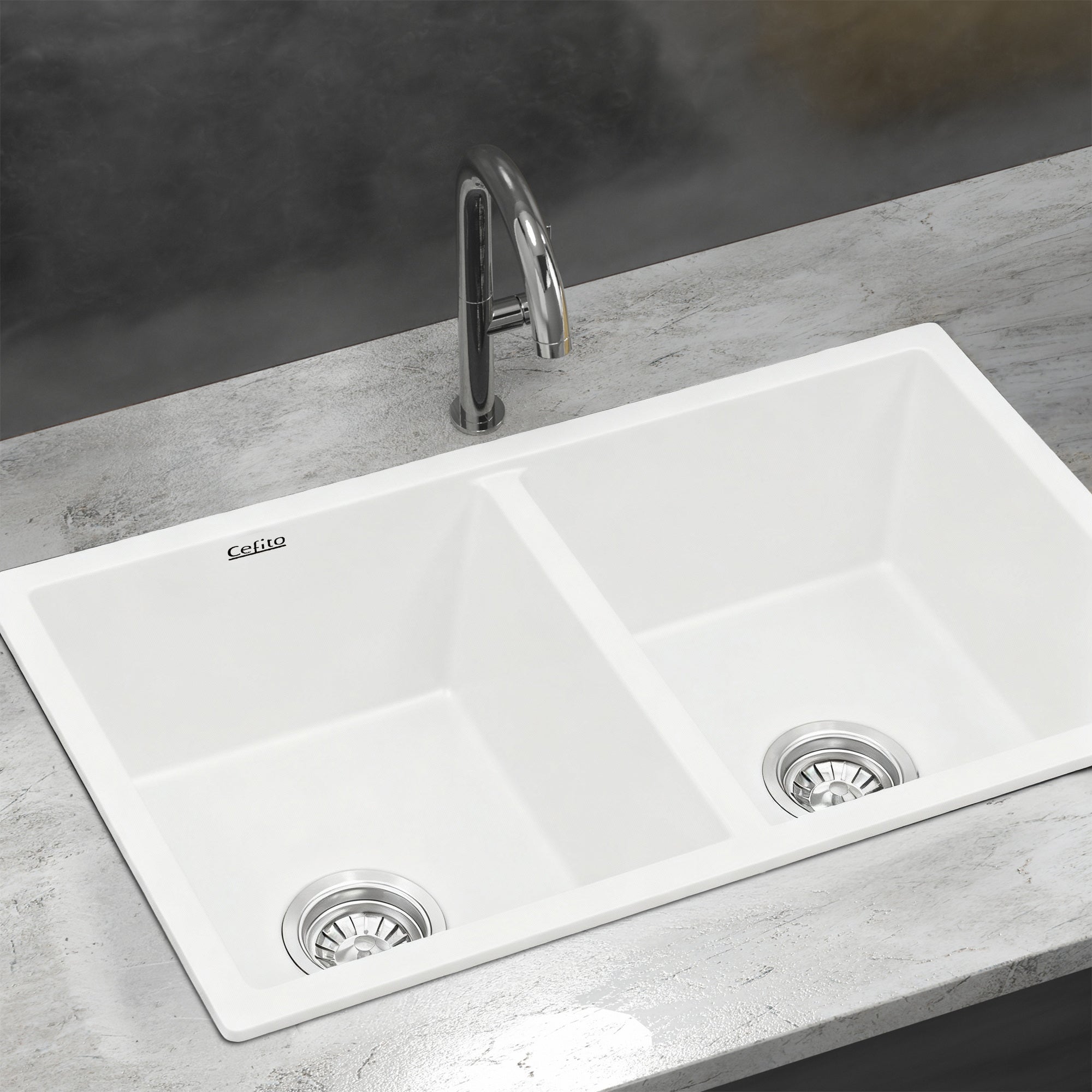 Cefito Kitchen Sink 77x45cm Granite Stone Sink Double Bowl White