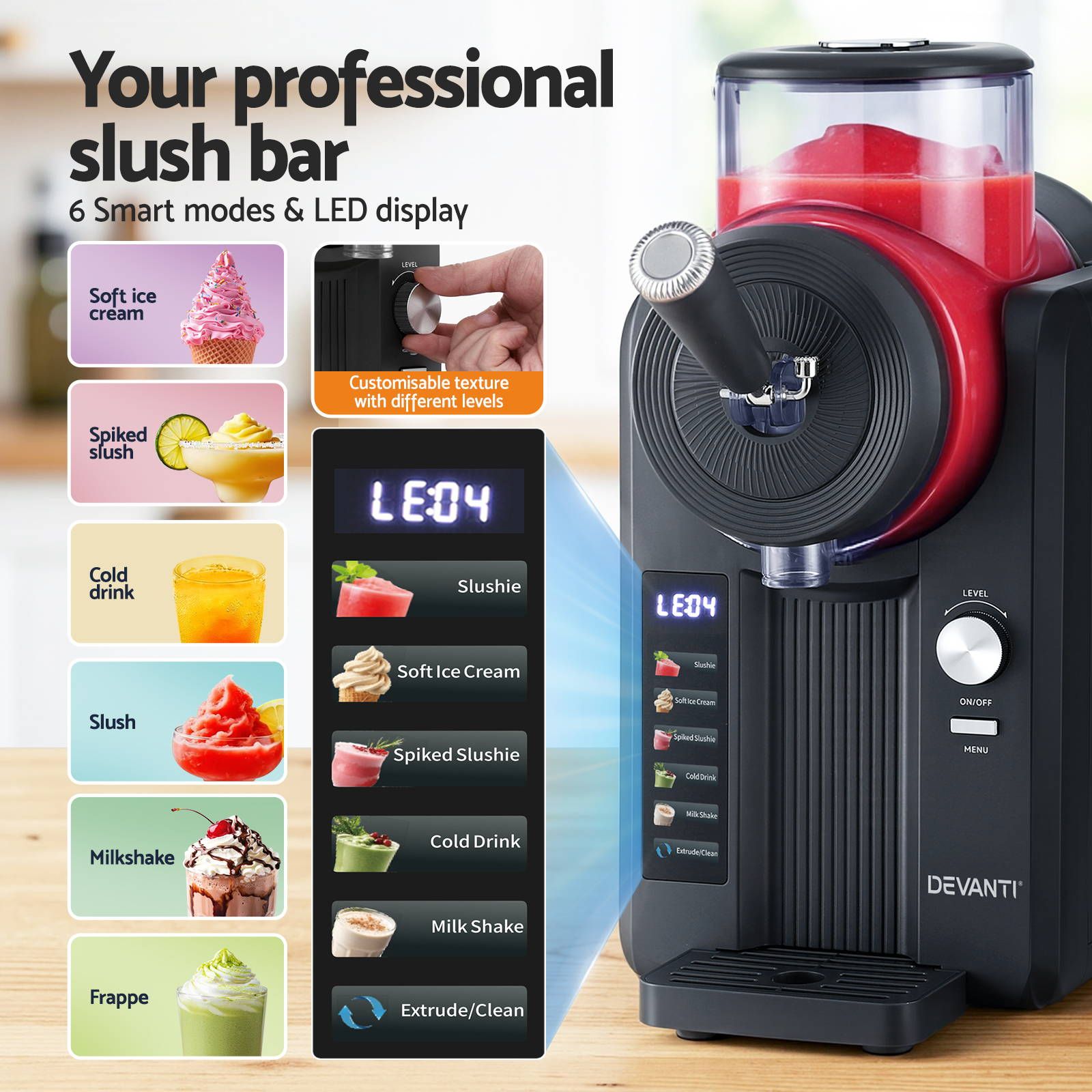 Devanti 2L Slushie Machine Ice Cream Maker Frozen Smoothies Milkshakes Black
