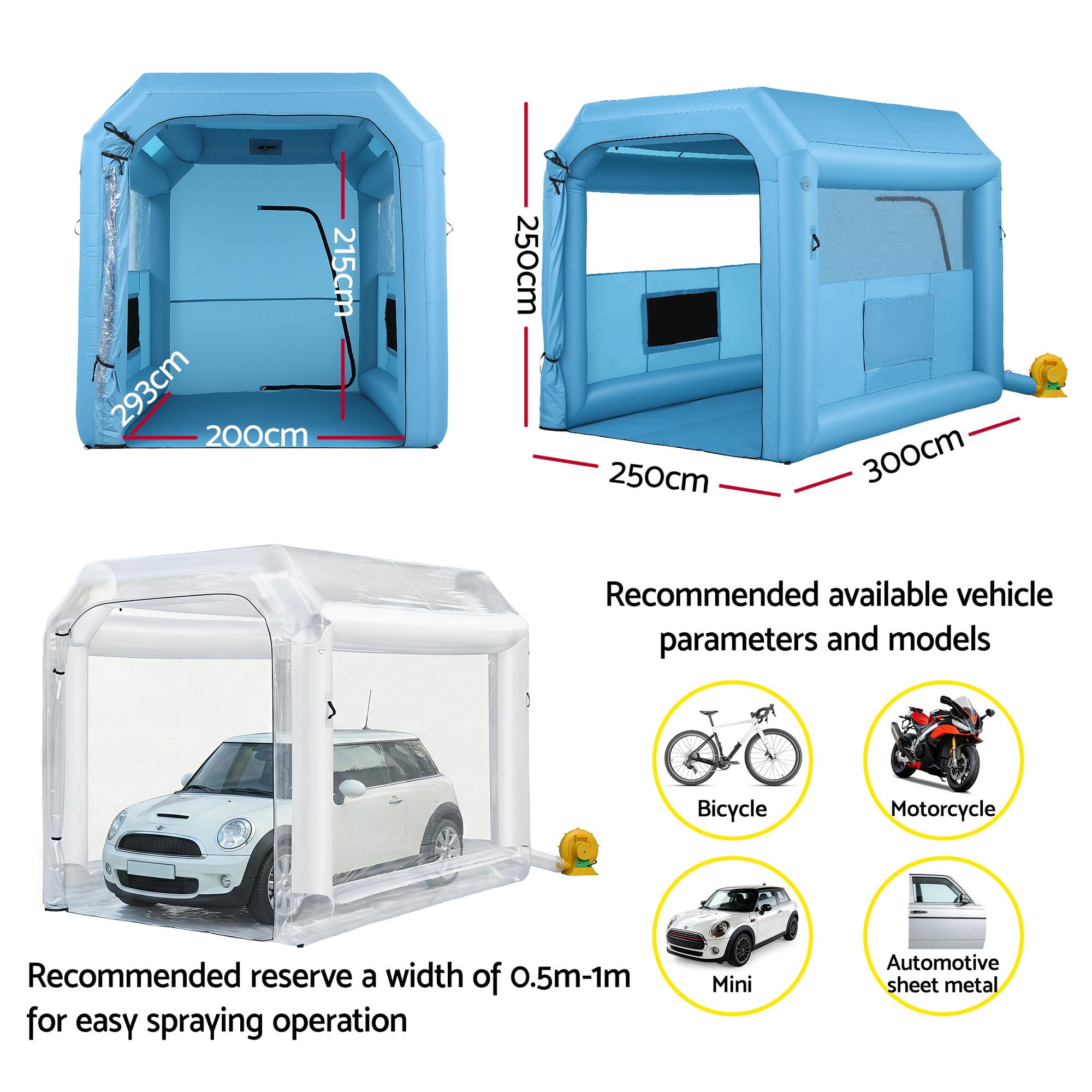 Giantz Inflatable Paint Booth 2.5X2.5X3M Inflatable Spray Booth with 550W Powerful Blower and Air Filter System, Round Roof with Light Hook, for Paint