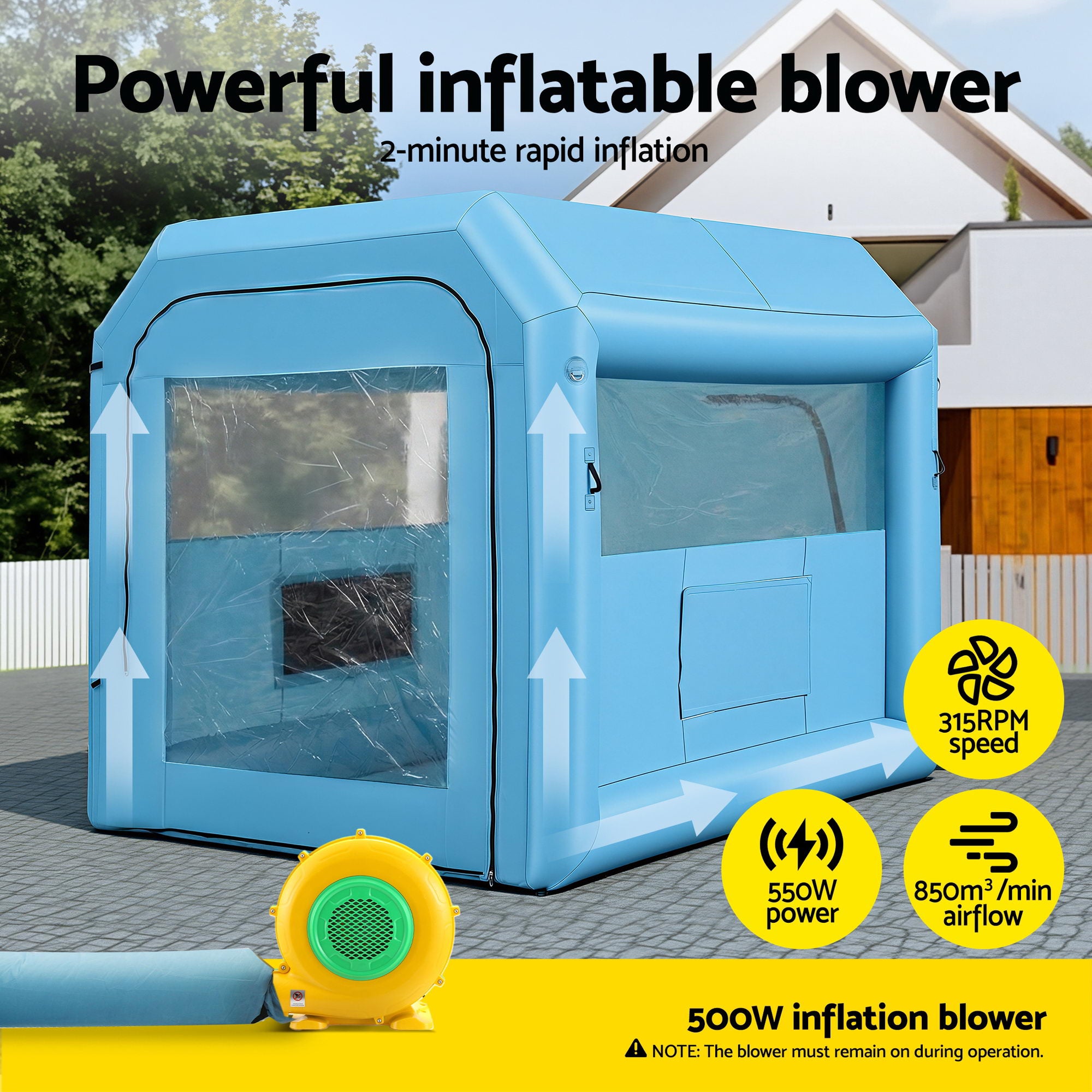 Giantz Inflatable Paint Booth 2.5X2.5X3M Inflatable Spray Booth with 550W Powerful Blower and Air Filter System, Round Roof with Light Hook, for Paint