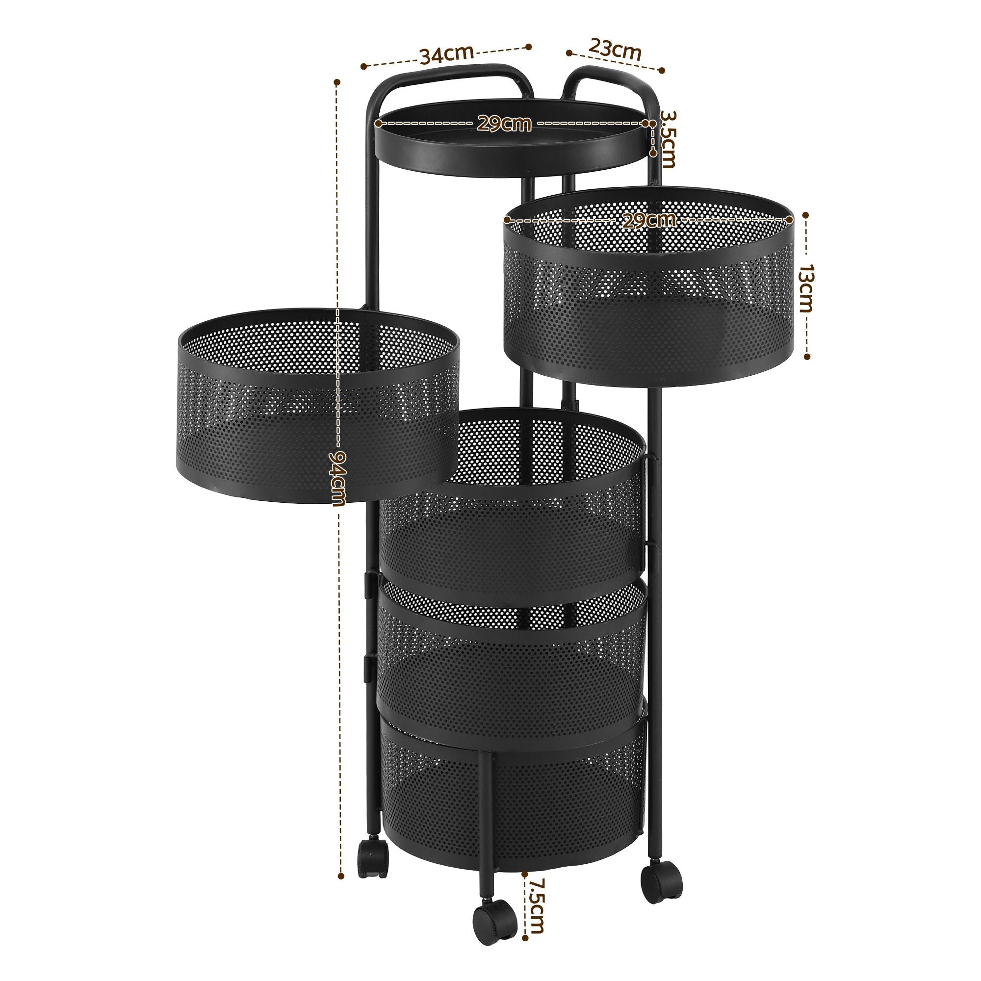 Artiss Storage Trolley Kitchen Cart 5 Tiers Storage Rack Round Basket Black
