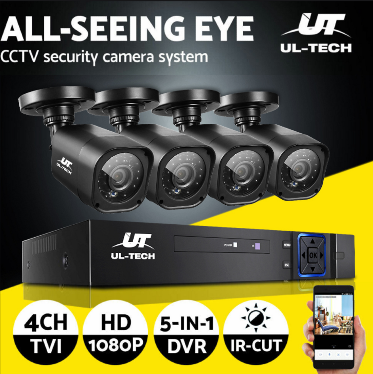 UL-tech CCTV Security System 4CH DVR 4 Cameras 1080p