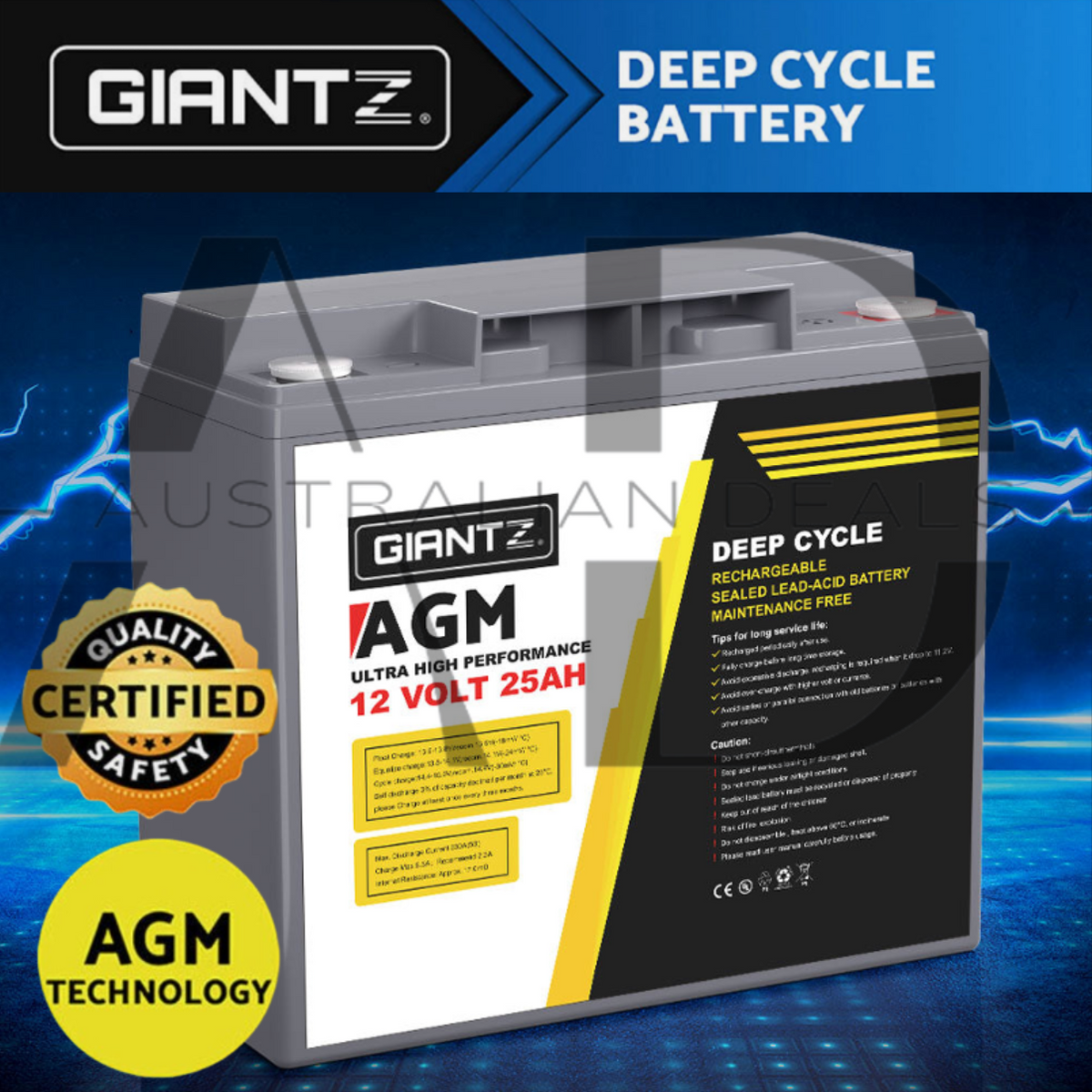 Giantz AGM Deep Cycle Battery 12V 25Ah Box Portable Solar Caravan Camping