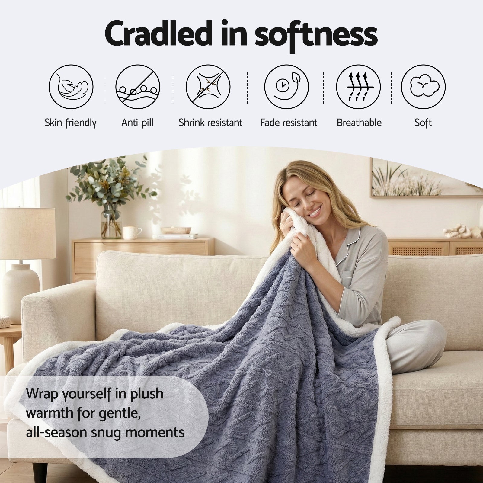 Giselle 203x230cm Throw Blanket Double-Sided Fleece Lightweight For Sofa Couch Bed - Free Delivery