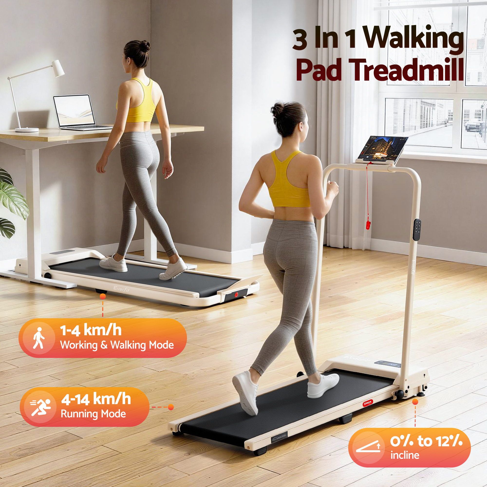 Everfit 3 in 1 Walking Pad Treadmill 12% Incline Under Desk Foldable Treadmills
