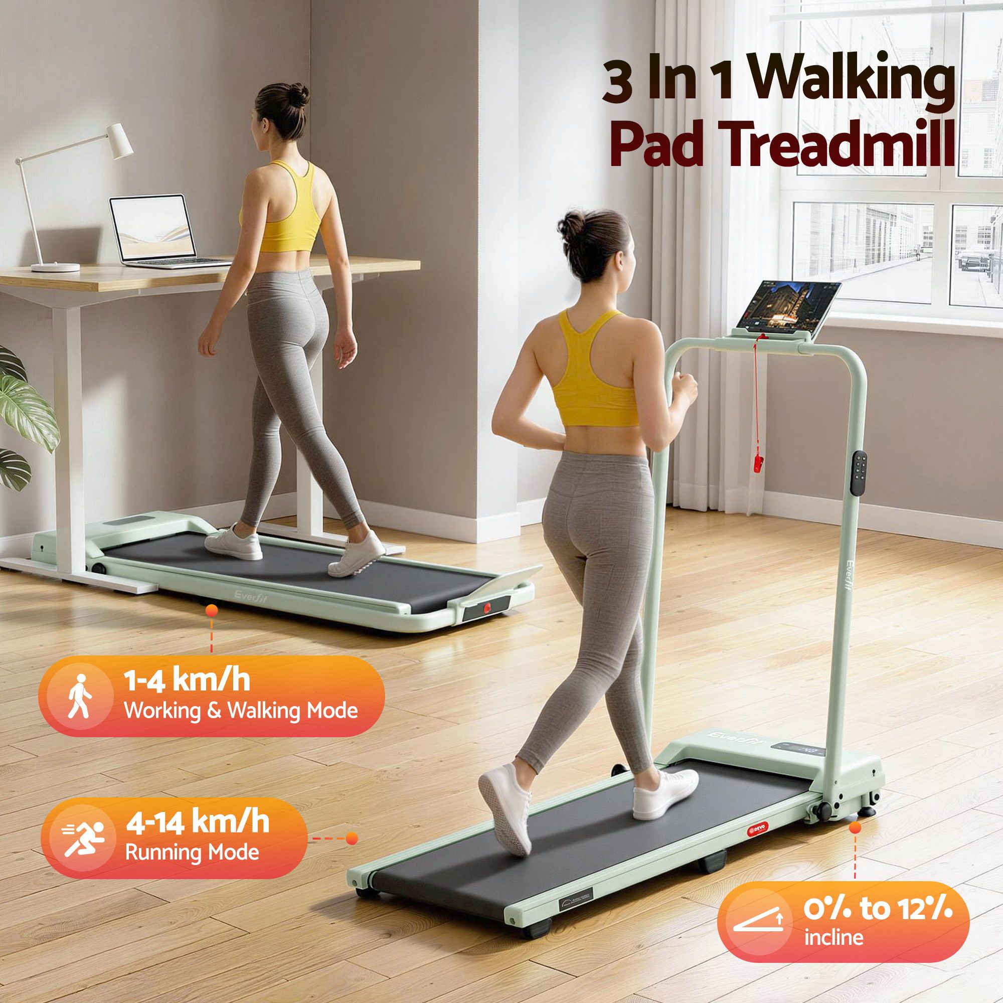 Everfit 3 in 1 Walking Pad Treadmill 12% Incline Under Desk Foldable Treadmills