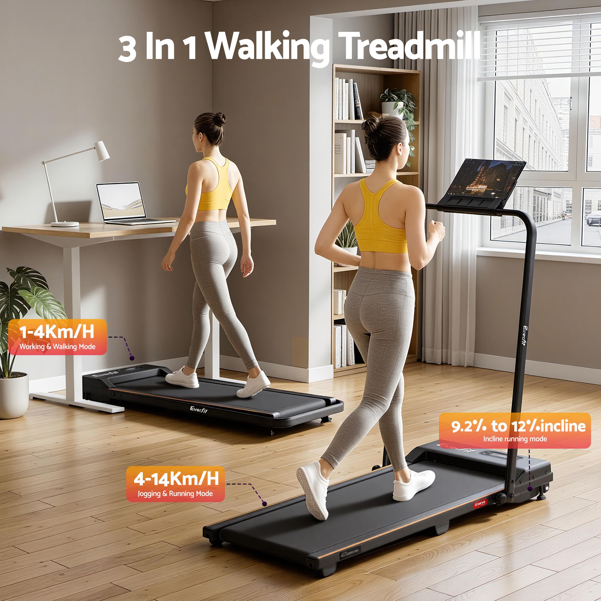 Everfit 3 in 1 Walking Pad Treadmill 12% Incline Foldable Under Desk Treadmills