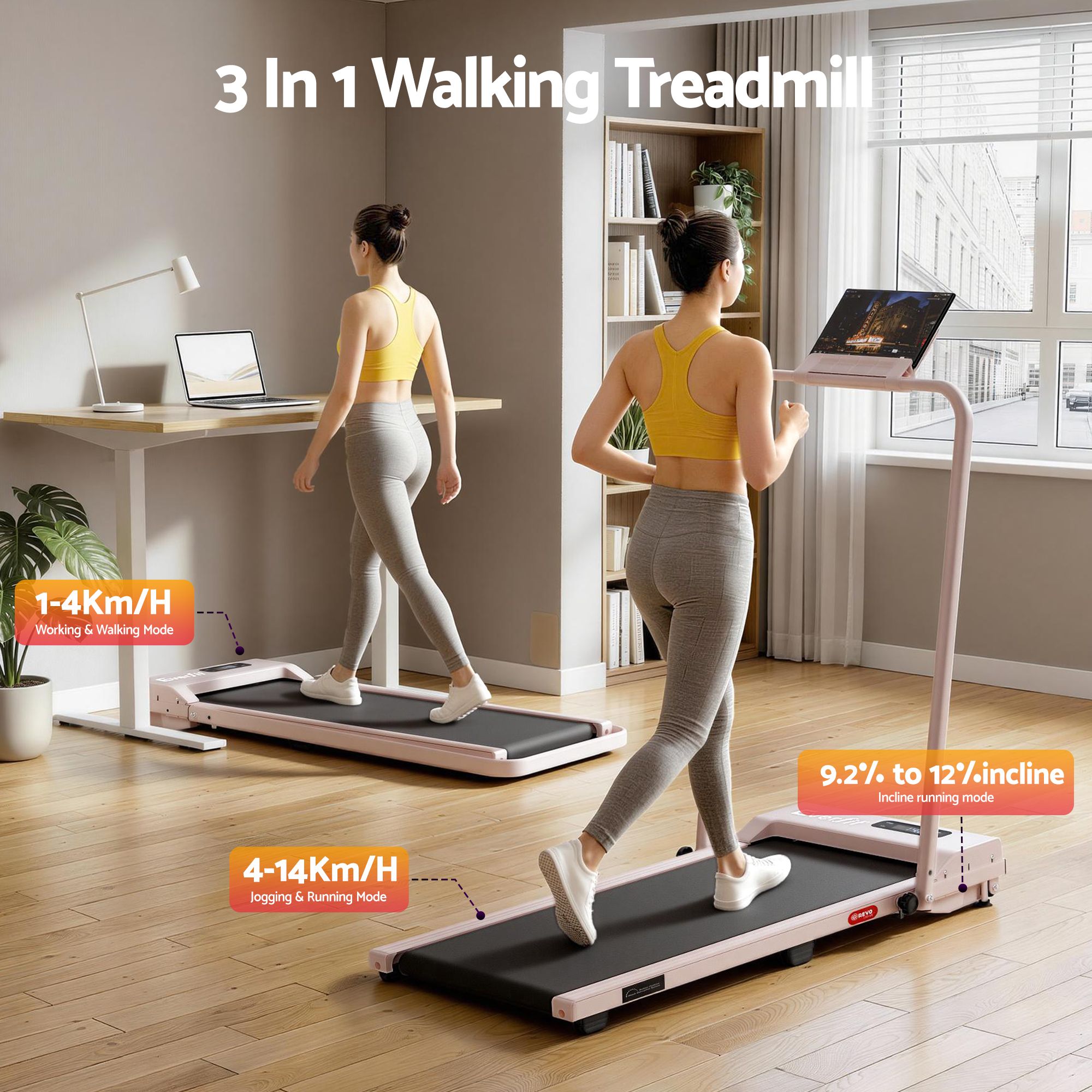 Everfit 3 in 1 Walking Pad Treadmill 12% Incline Foldable Under Desk Treadmills