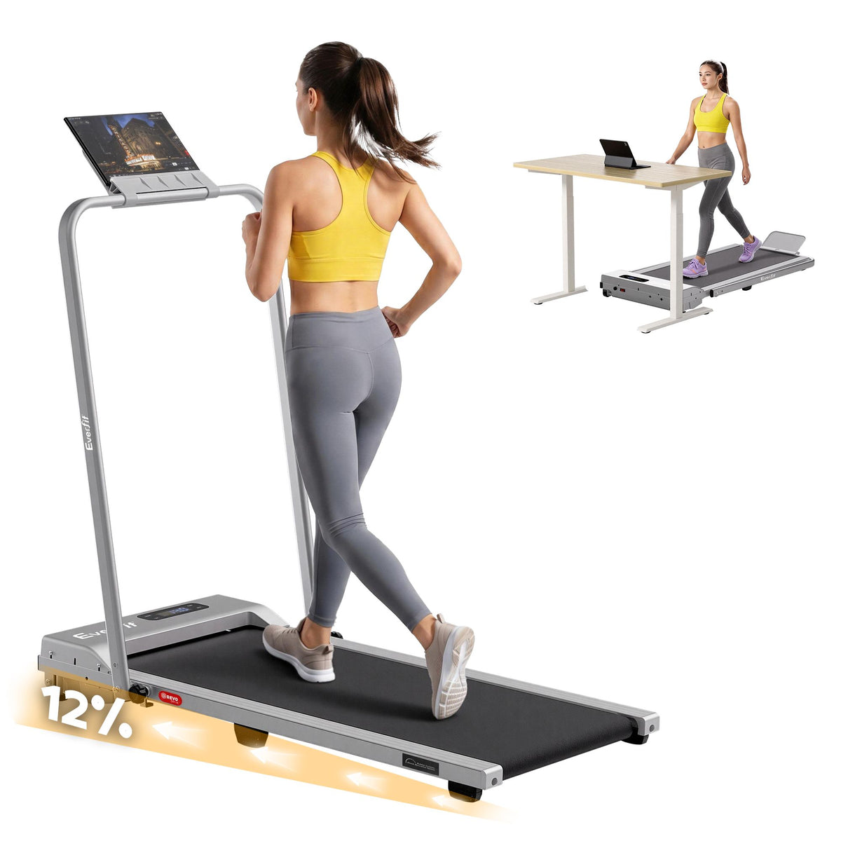 Everfit 3 in 1 Walking Pad Treadmill 12% Incline Foldable Under Desk Treadmills