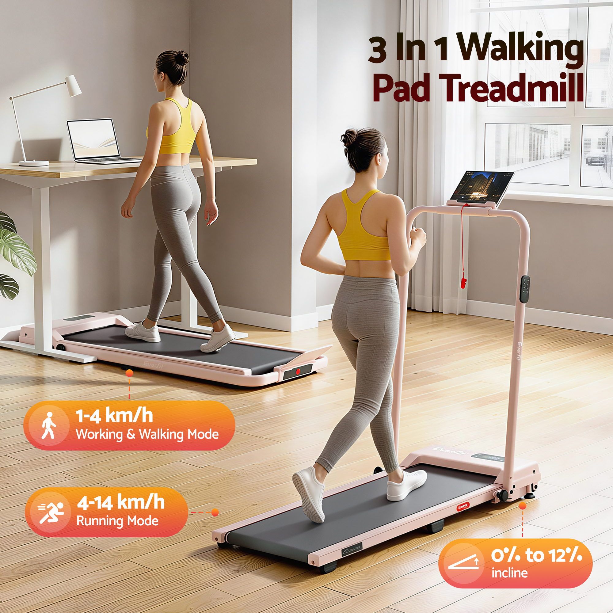 Everfit 3 in 1 Walking Pad Treadmill 12% Incline Under Desk Treadmills for Home