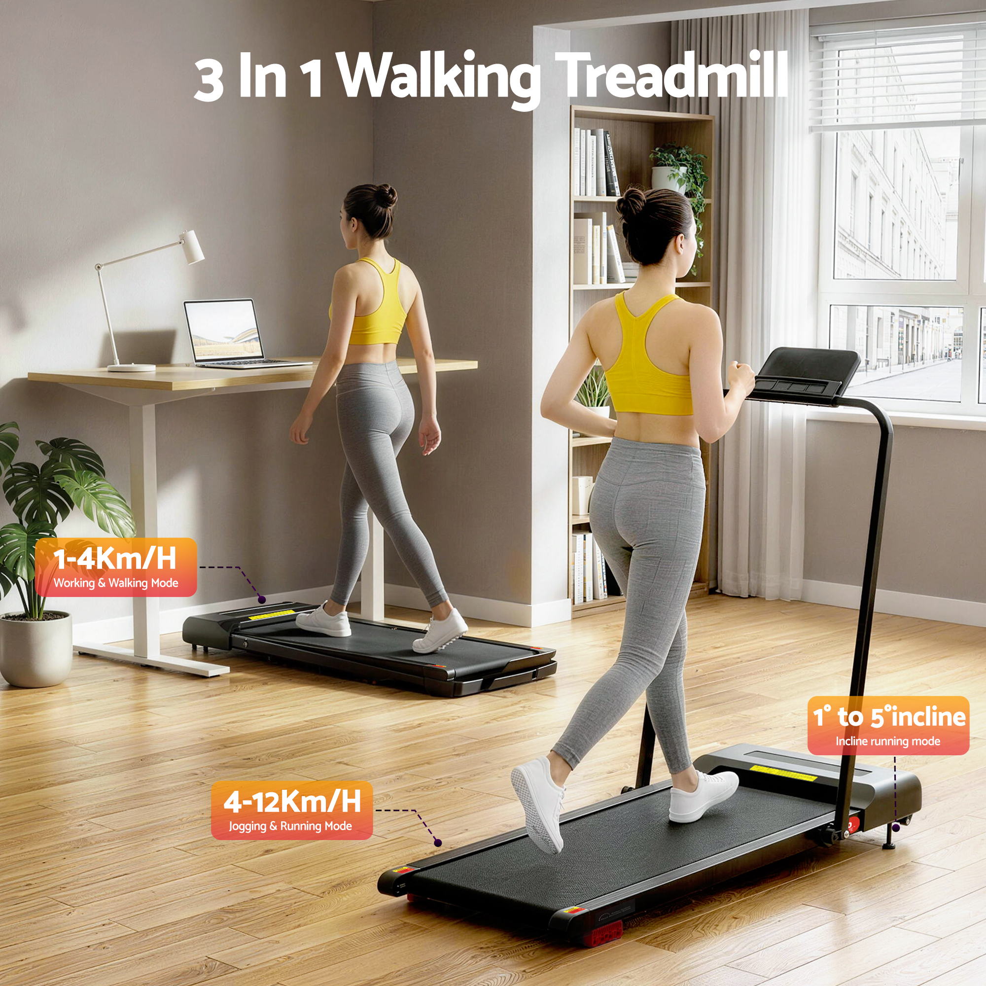 Everfit 3 in 1 Treadmill Electric Walking Pad Under Desk Office Home Gym Incline