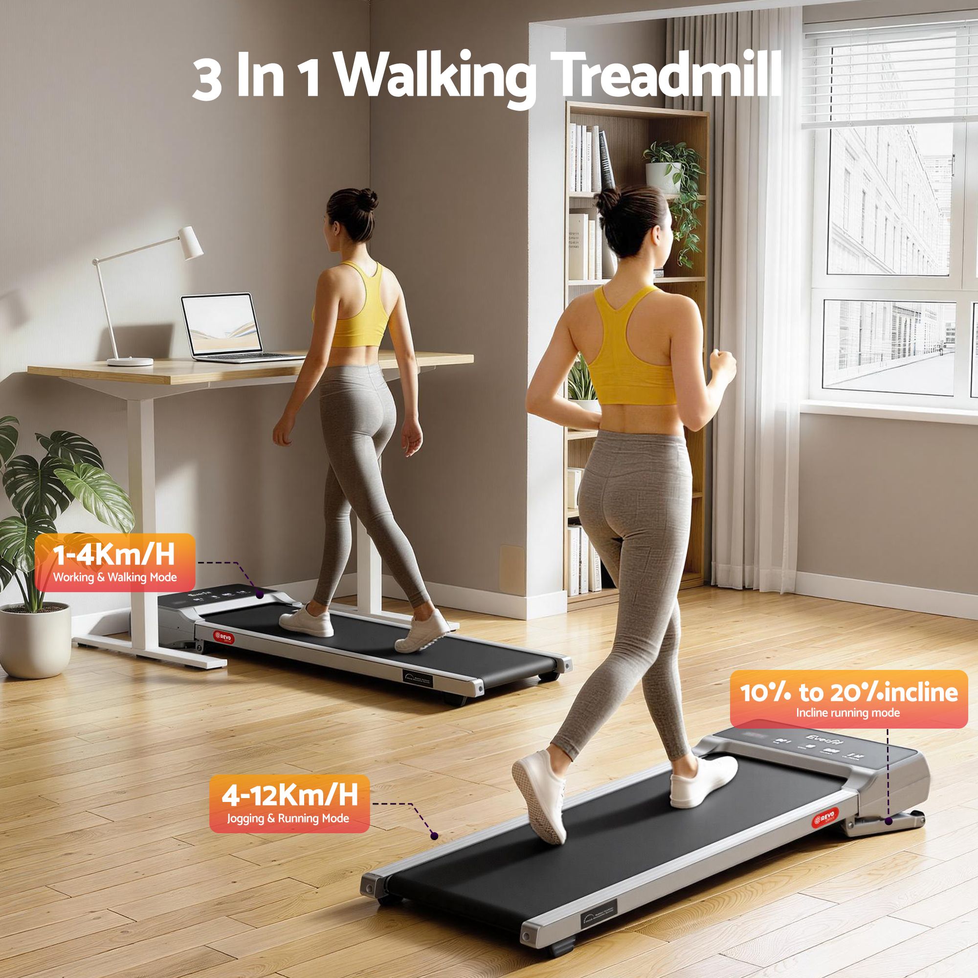 Everfit 3 in 1 Walking Pad Treadmill 20% Auto Incline Under Desk Treadmills for