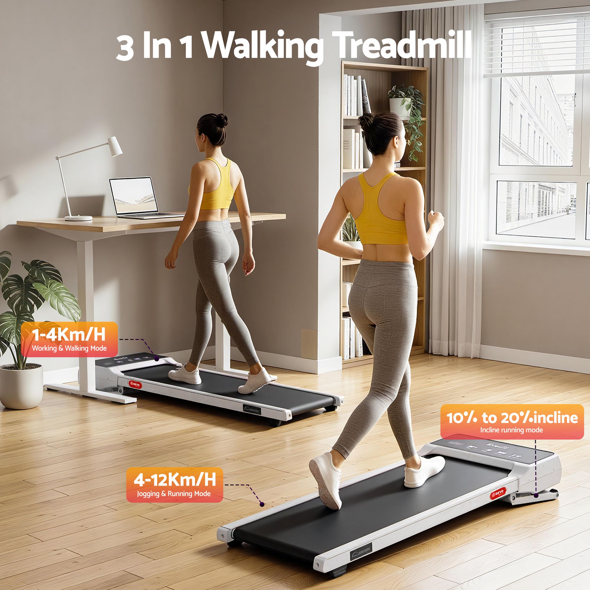 Everfit 3 in 1 Walking Pad Treadmill 20% Auto Incline Under Desk Treadmills for