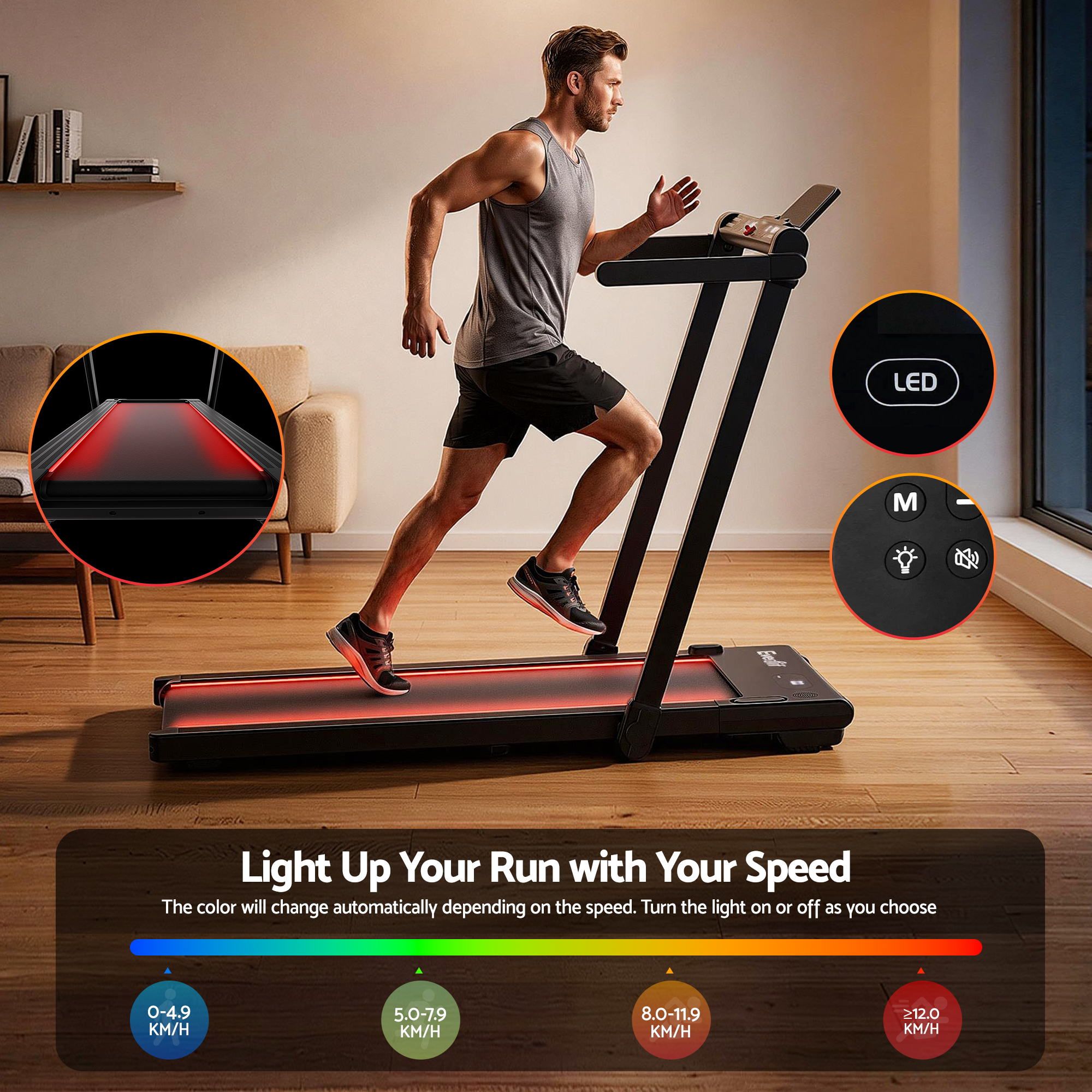 Everfit 3 in 1 Walking Pad Treadmill With Led Lights Foldable Under Desk Treadmills for Home Gym 40cm Wide Belt Black
