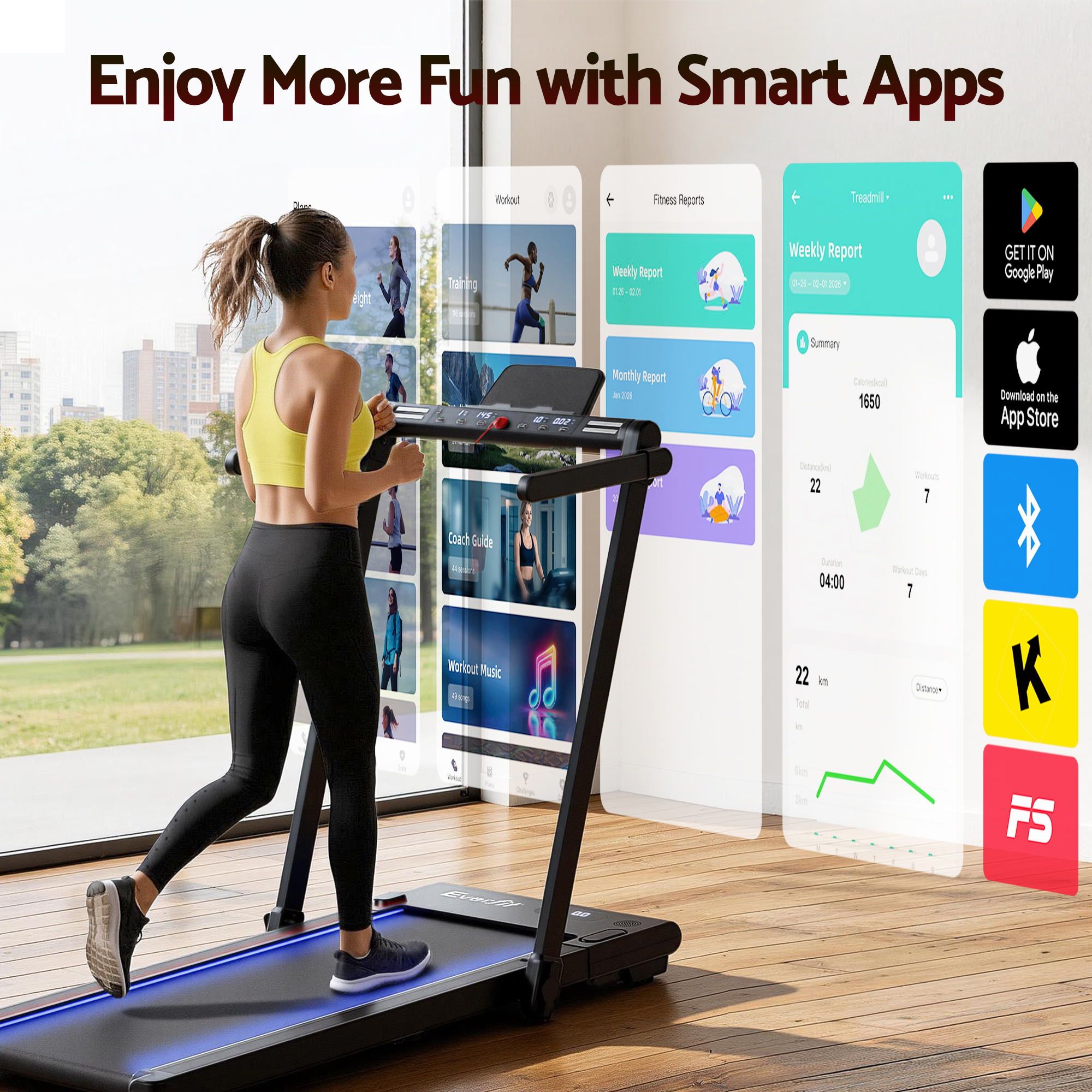 Everfit 3 in 1 Walking Pad Treadmill With Led Lights Foldable Under Desk Treadmills for Home Gym 40cm Wide Belt Black