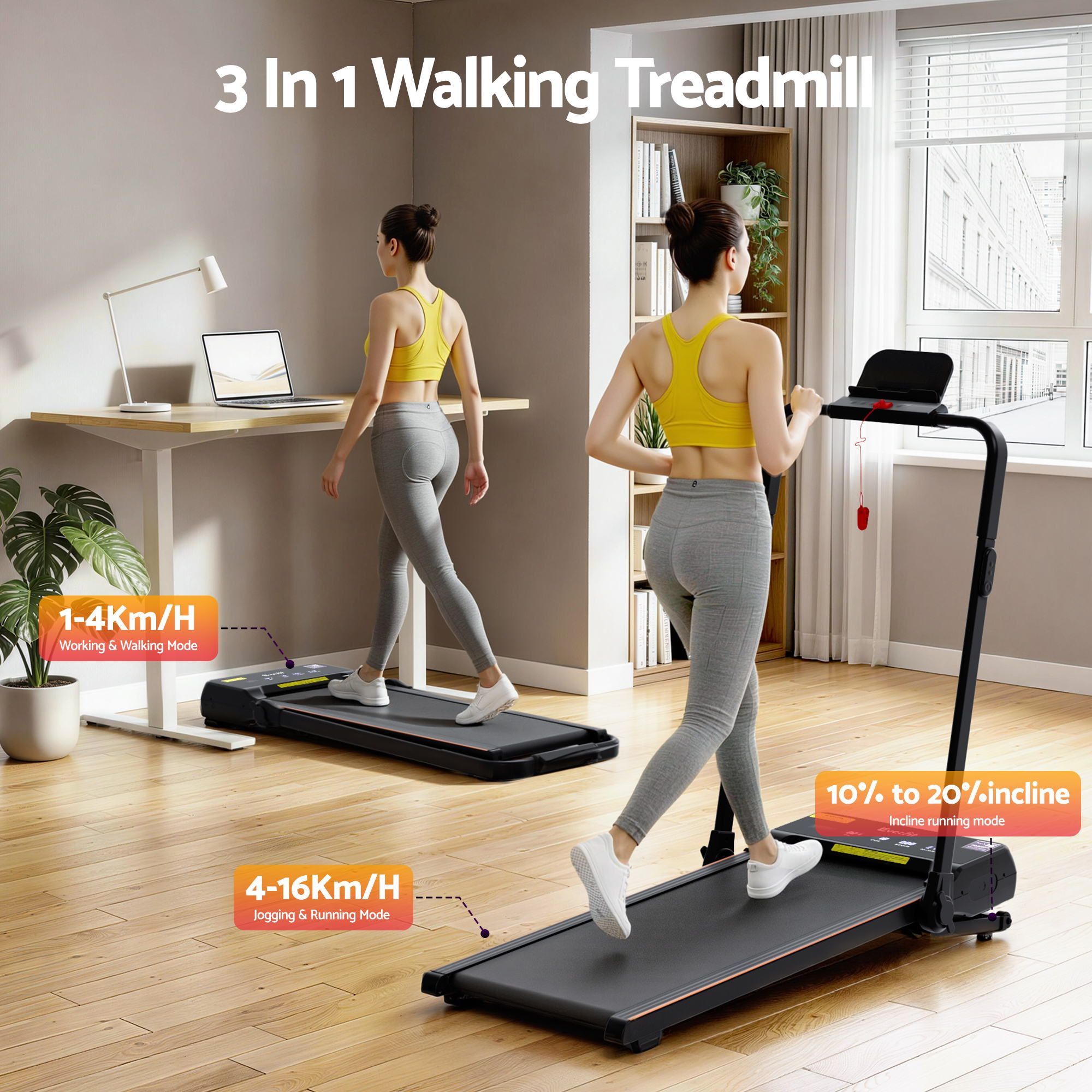 Everfit 3 in 1 Walking Pad Treadmill 20% Auto Incline Under Desk Foldable