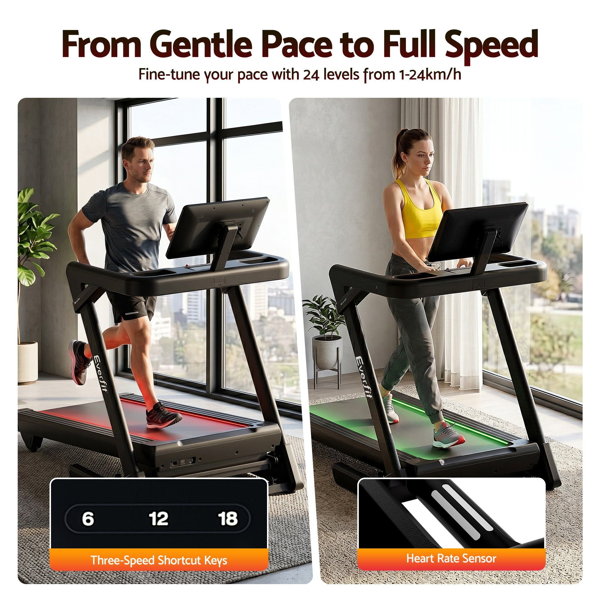 Everfit 500mm Wide Belt Treadmill 30% Auto Incline Foldable Treadmills for Home with LED Lights