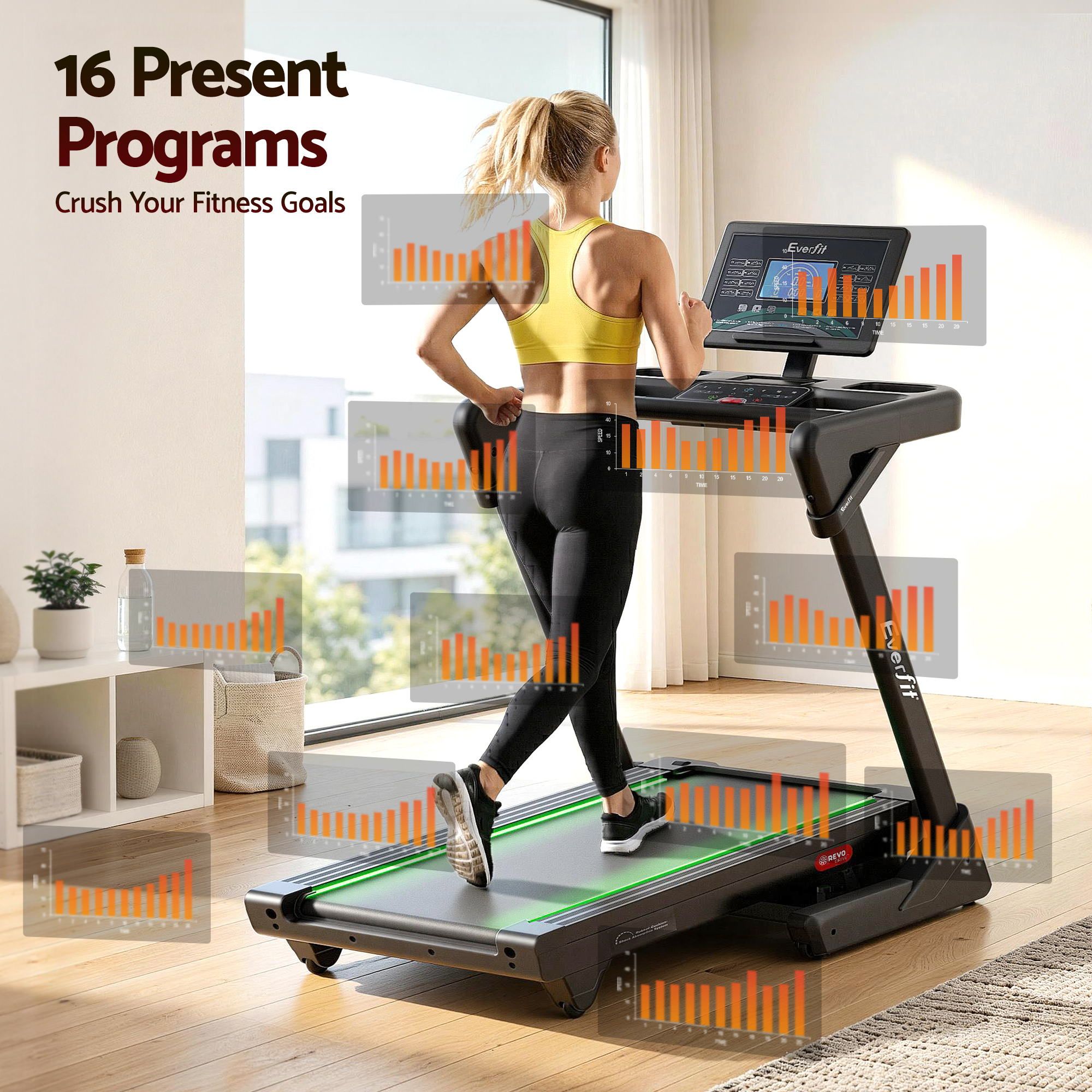 Everfit 500mm Wide Belt Treadmill 30% Auto Incline Foldable Treadmills for Home with LED Lights