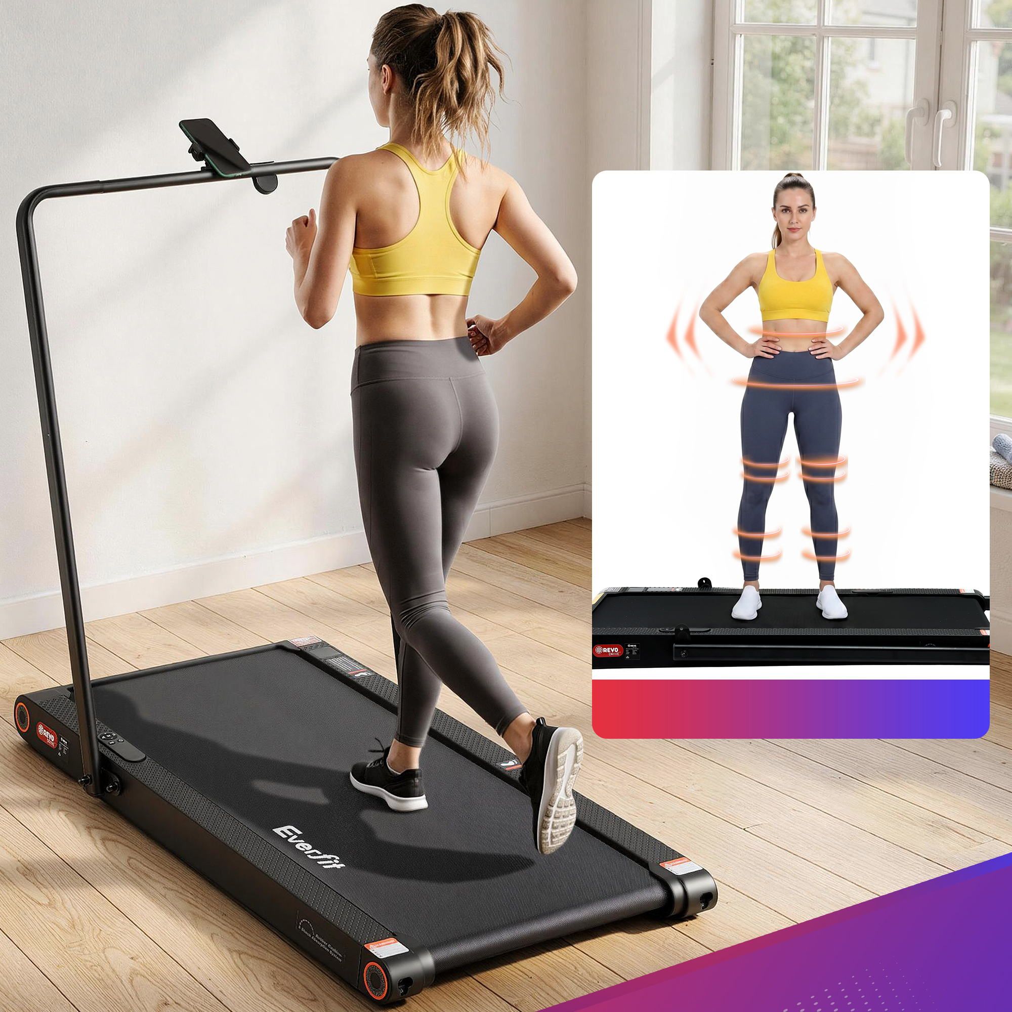 Everfit 4 in 1 Vibration Walking Pad Treadmill Under Desk Treadmills for Home Gym with App Control 380mm Black