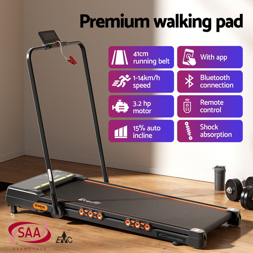Everfit Treadmill Electric Walking Pad Auto Incline Foldable for Home Gym Black