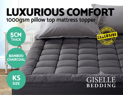 Giselle Bedding Mattress Topper Pillowtop Bamboo Charcoal King Single