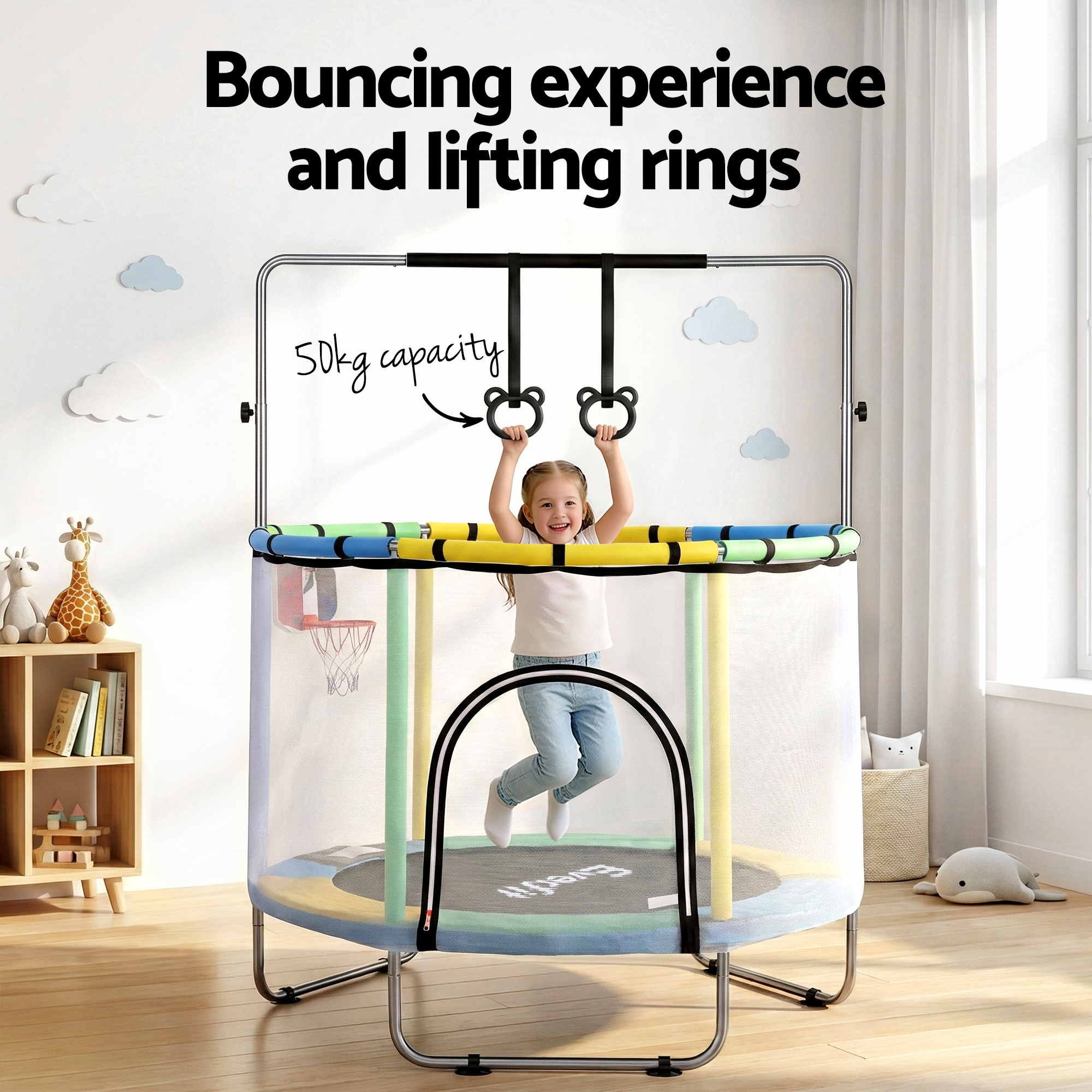 Everfit 55inch Trampoline Kids Rebounder with Basketball Set Sandbag Boxing Game