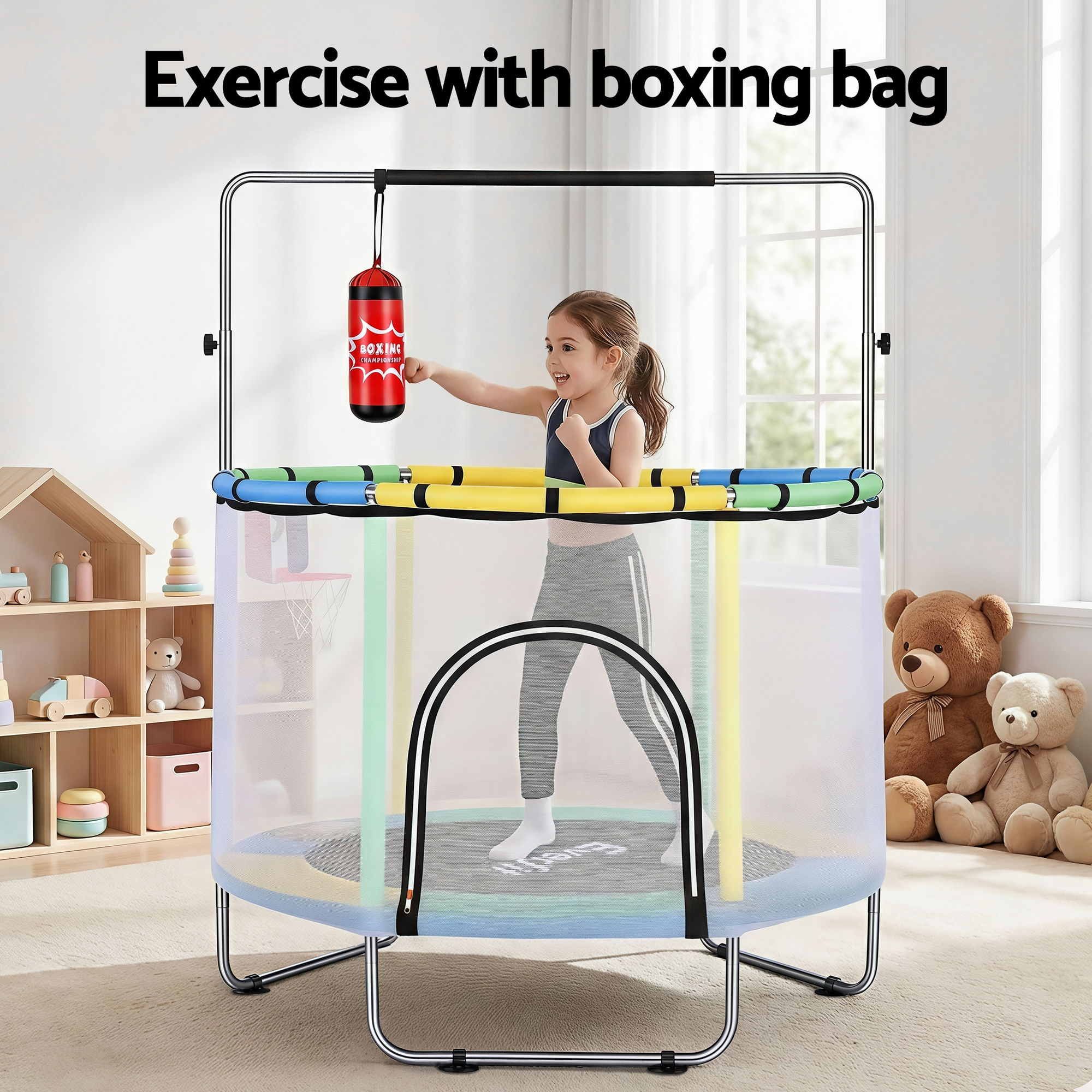 Everfit 55inch Trampoline Kids Rebounder with Basketball Set Sandbag Boxing Game