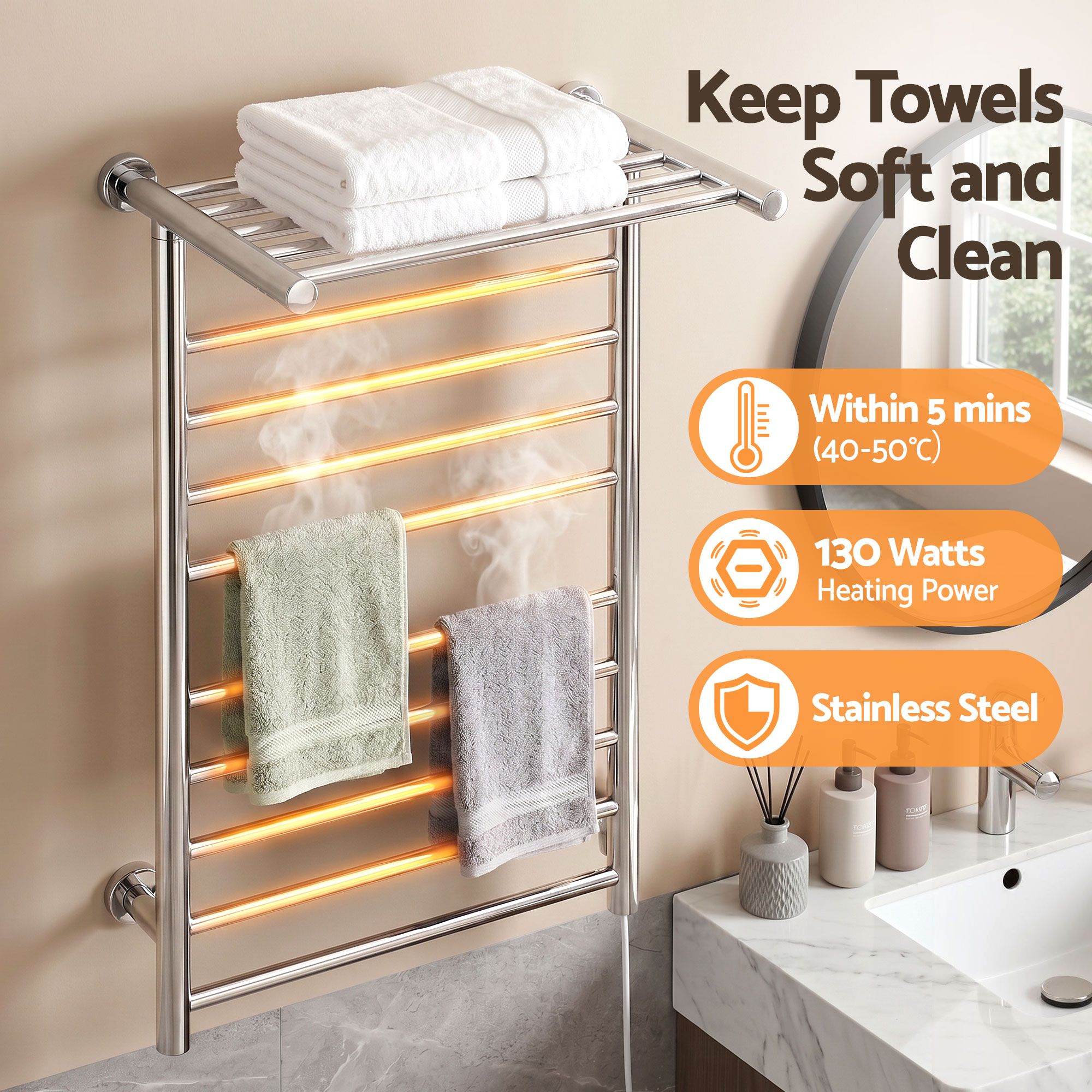 Devanti Electric Heated Towel Rail Rack 14 Bars Wall Mounted Clothes Dry Warmer