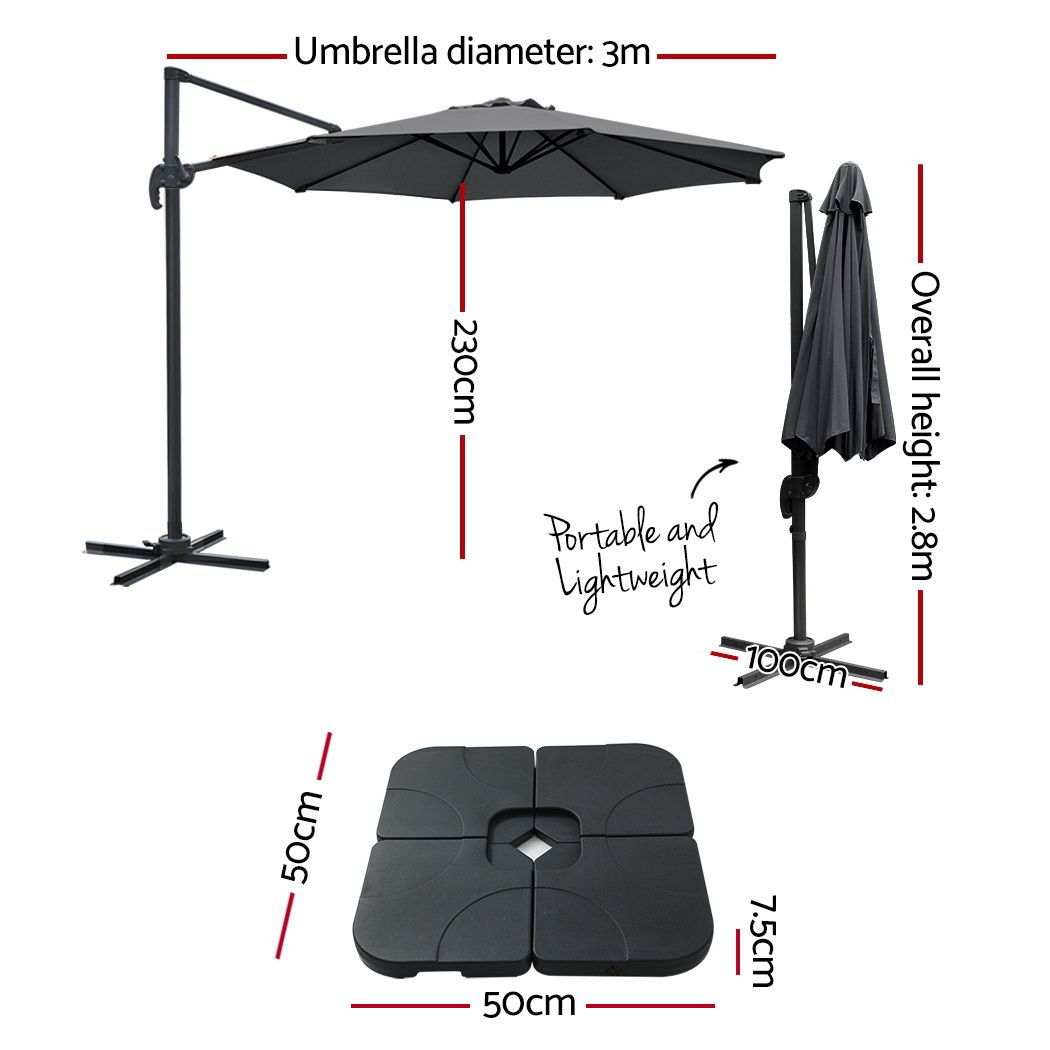 Instahut 3m Outdoor Umbrella w/Base Cantilever Beach Roma 360 Degree Tilt